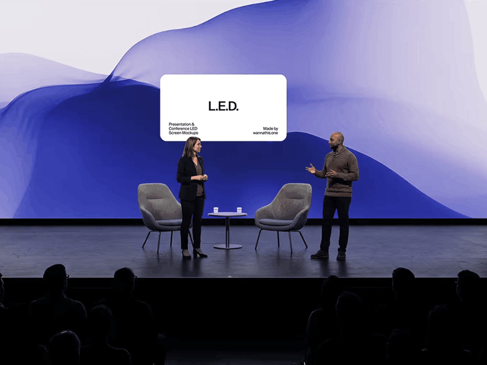 LED screen mockup on a conference stage - the kind of scene designers use to present brand identity to a client beyond flat artboards.