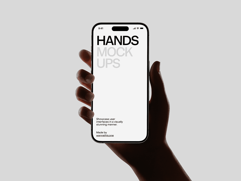 iPhone in hand mockup with minimal white screen and clean background, modern device presentation by Wannathis