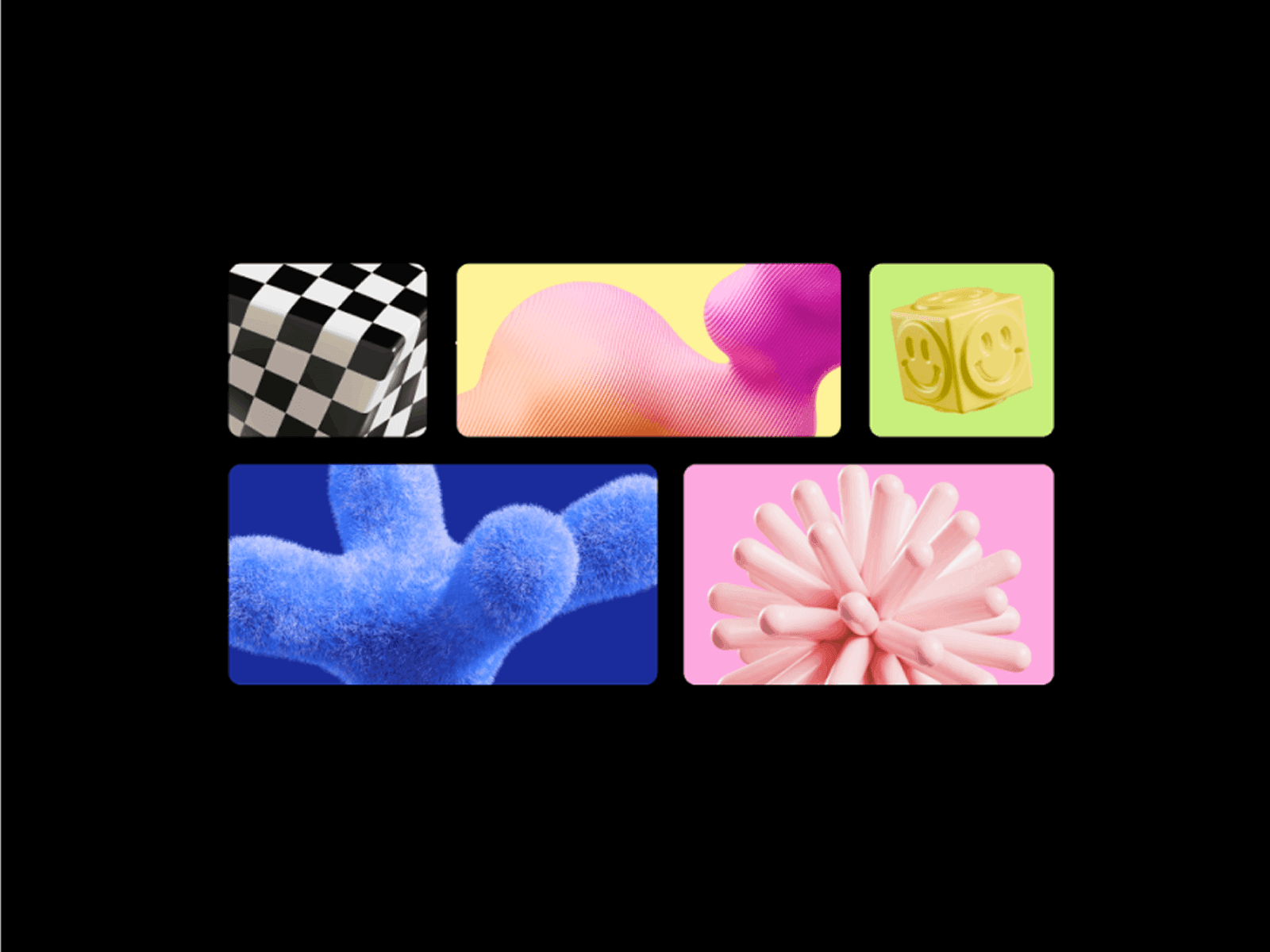 Five rounded tiles holding 3D abstract shapes in pink, blue and lime on black, cover image for an article on bento grid layout examples in web design