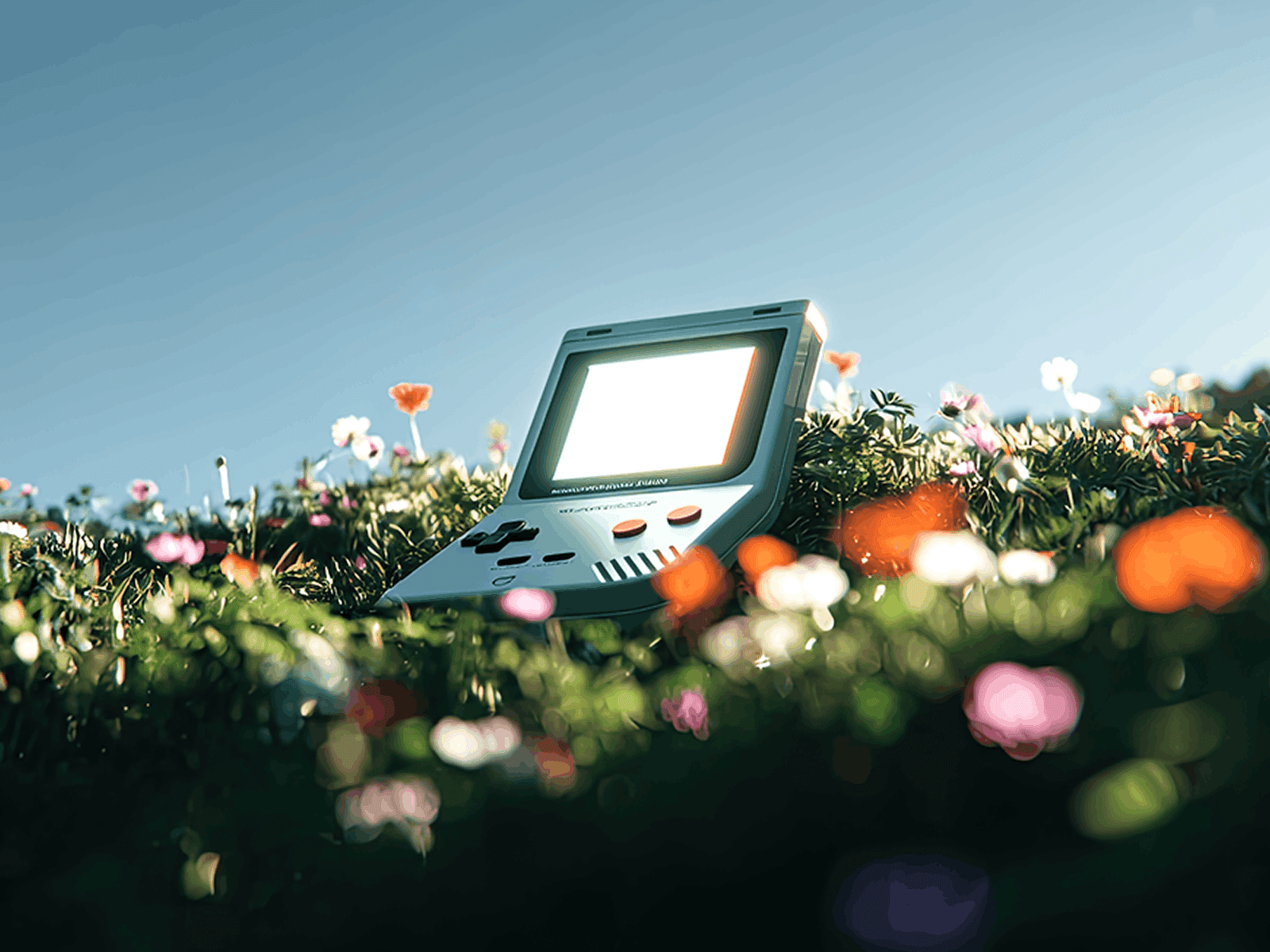 Retro handheld game console in wildflowers nostalgic 90s aesthetic in modern branding