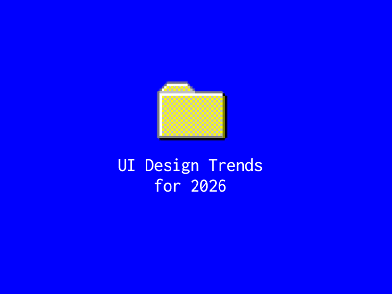 Yellow folder icon on bright blue background with text “UI Design Trends for 2026”.
