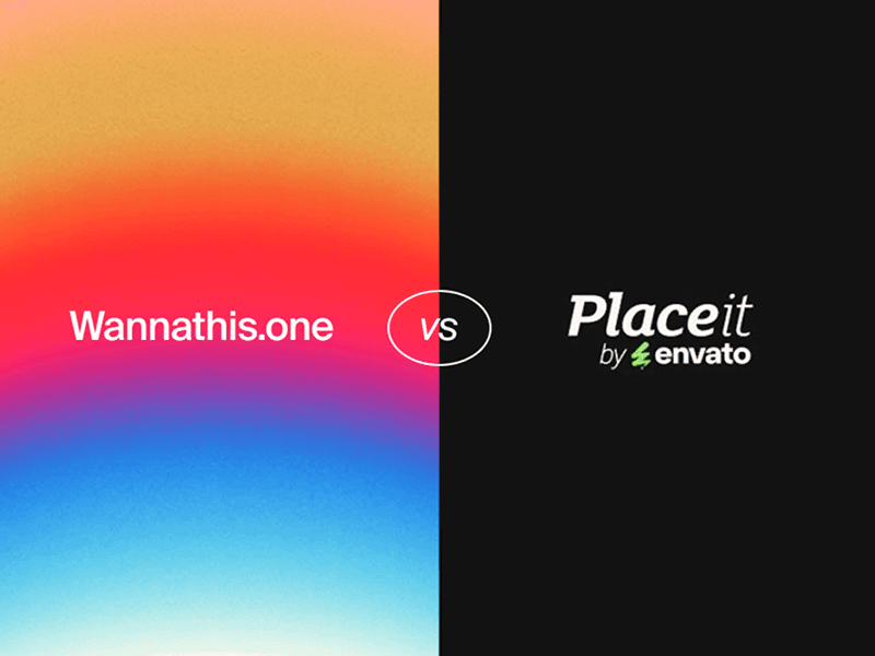 Gradient visual showing Wannathis vs Placeit comparison — design mockup tools.