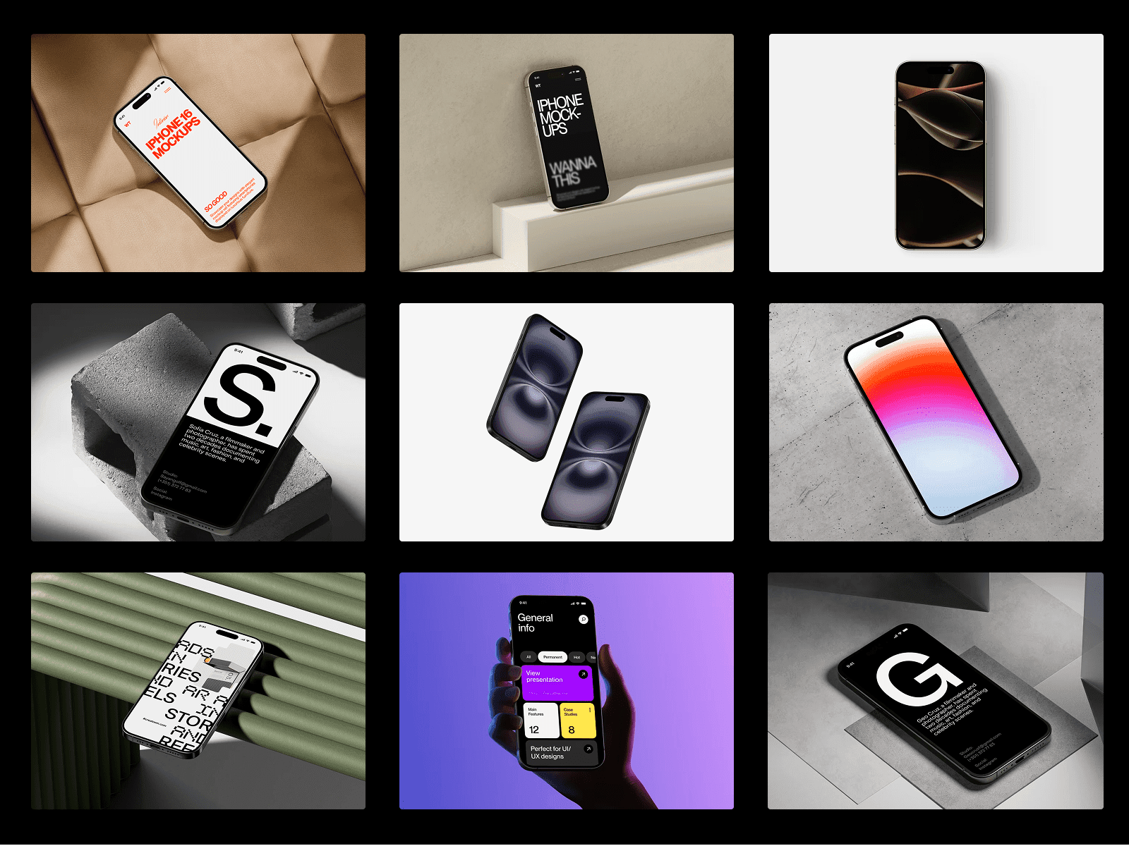 Minimal preview of free iPhone mockups showing modern design setups and soft lighting