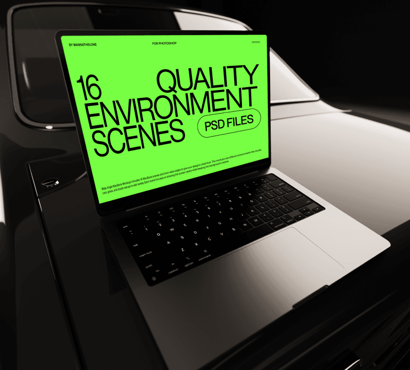 Free MacBook mockup placed on car surface with vivid screen