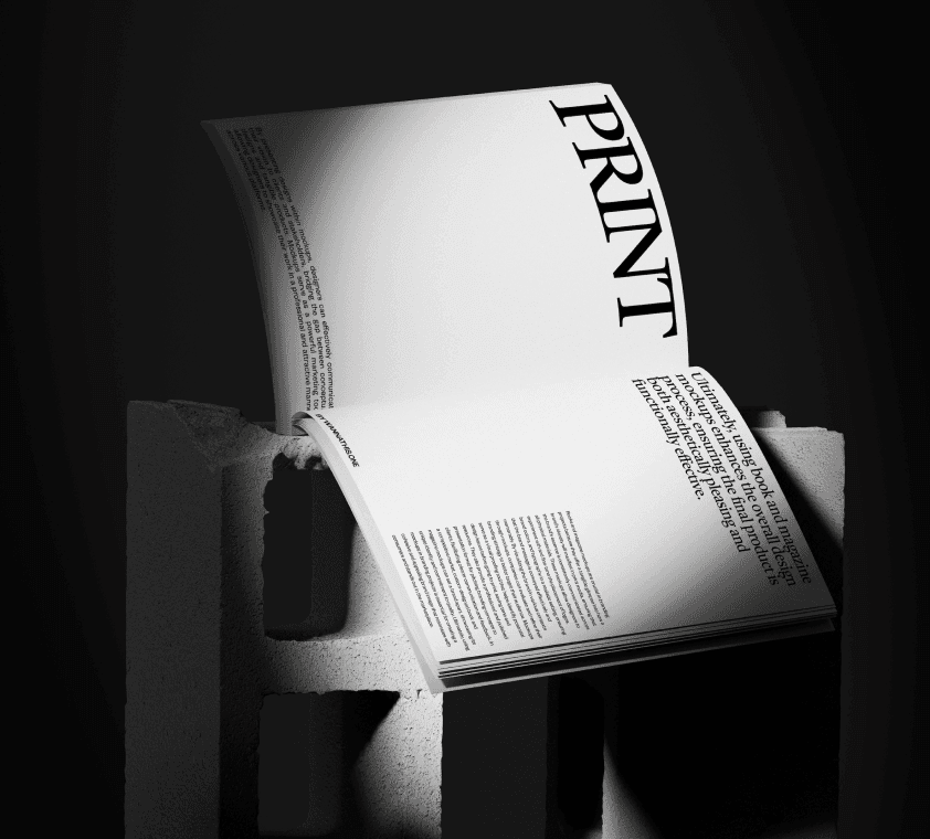 Free minimalist print magazine mockup with editorial-style layout, open on textured black and white geometric display