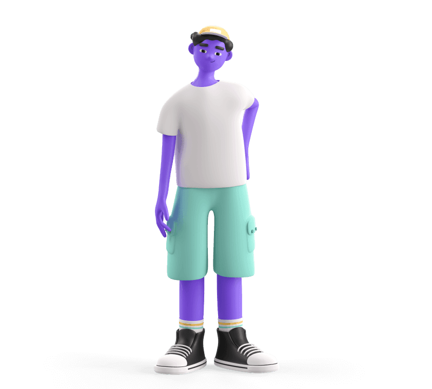 Free 3D male avatar with purple skin, wearing a white t-shirt and mint shorts, isolated on white background