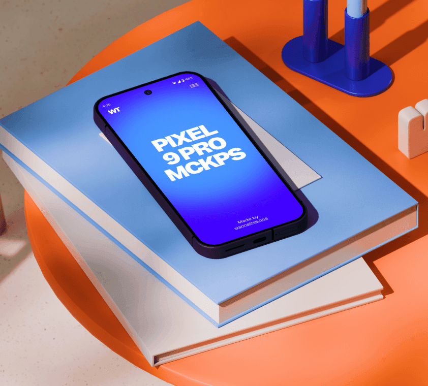 Free realistic Google Pixel 9 Pro mockup lying on colorful stacked books