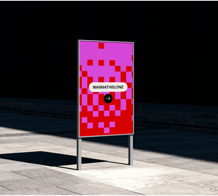 Free vertical street poster mockup on a slim metal frame on a tiled city sidewalk under harsh daylight.