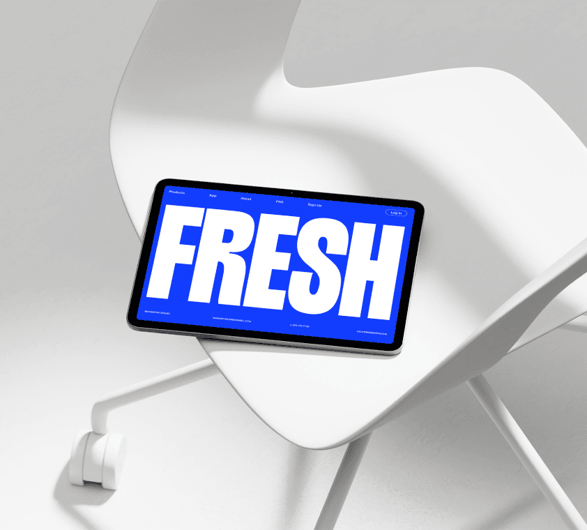 Free Tablet Mockup on Modern White Chair for ux/ui showcase