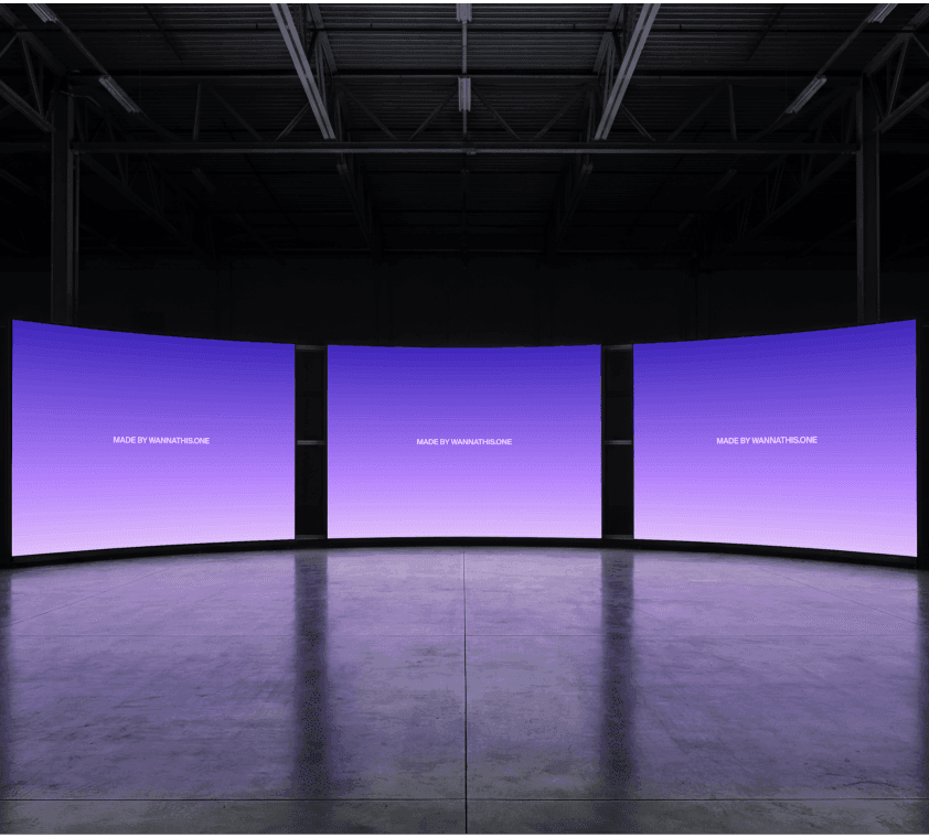 Triple curved LED screen mockup in dark conference hall with wide presentation setup by Wannathis