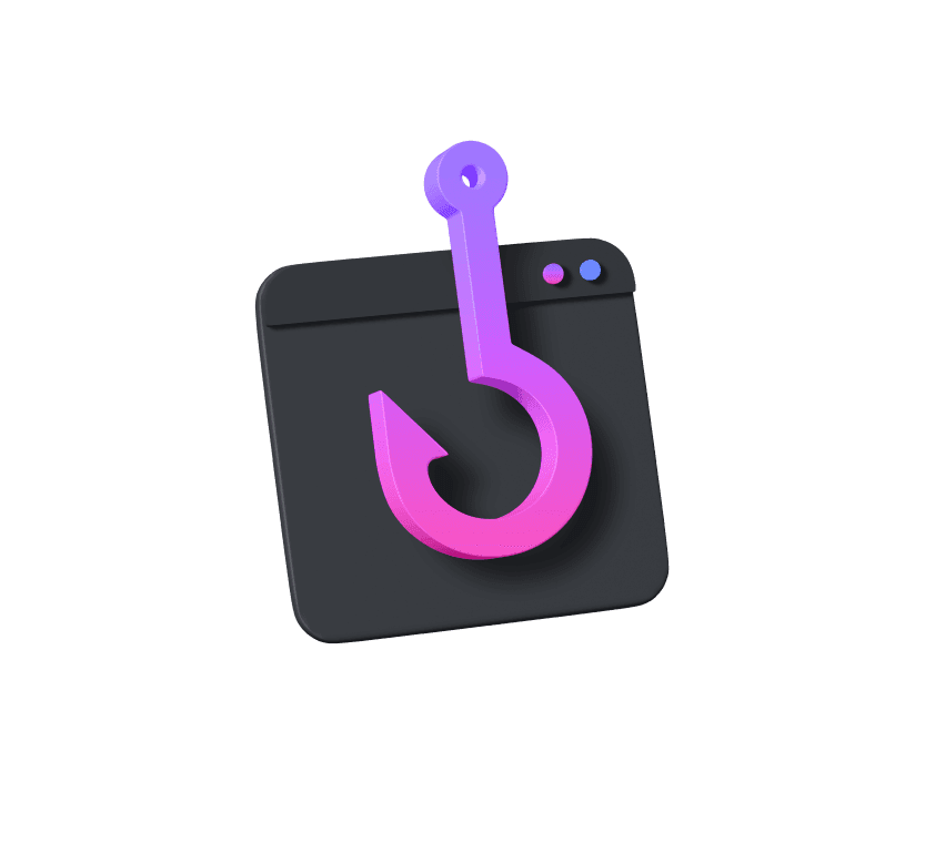 Free 3D illustration of a browser window with a pink and purple hook icon, symbolizing phishing or security alert