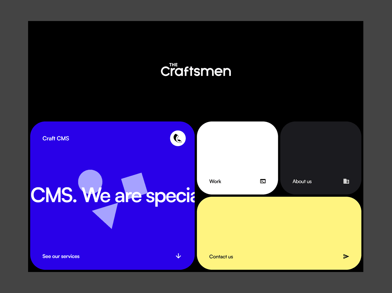 The Craftsmen agency site with a black bento grid of blue, yellow and white tiles for work, about and contact, an example of bento navigation layout
