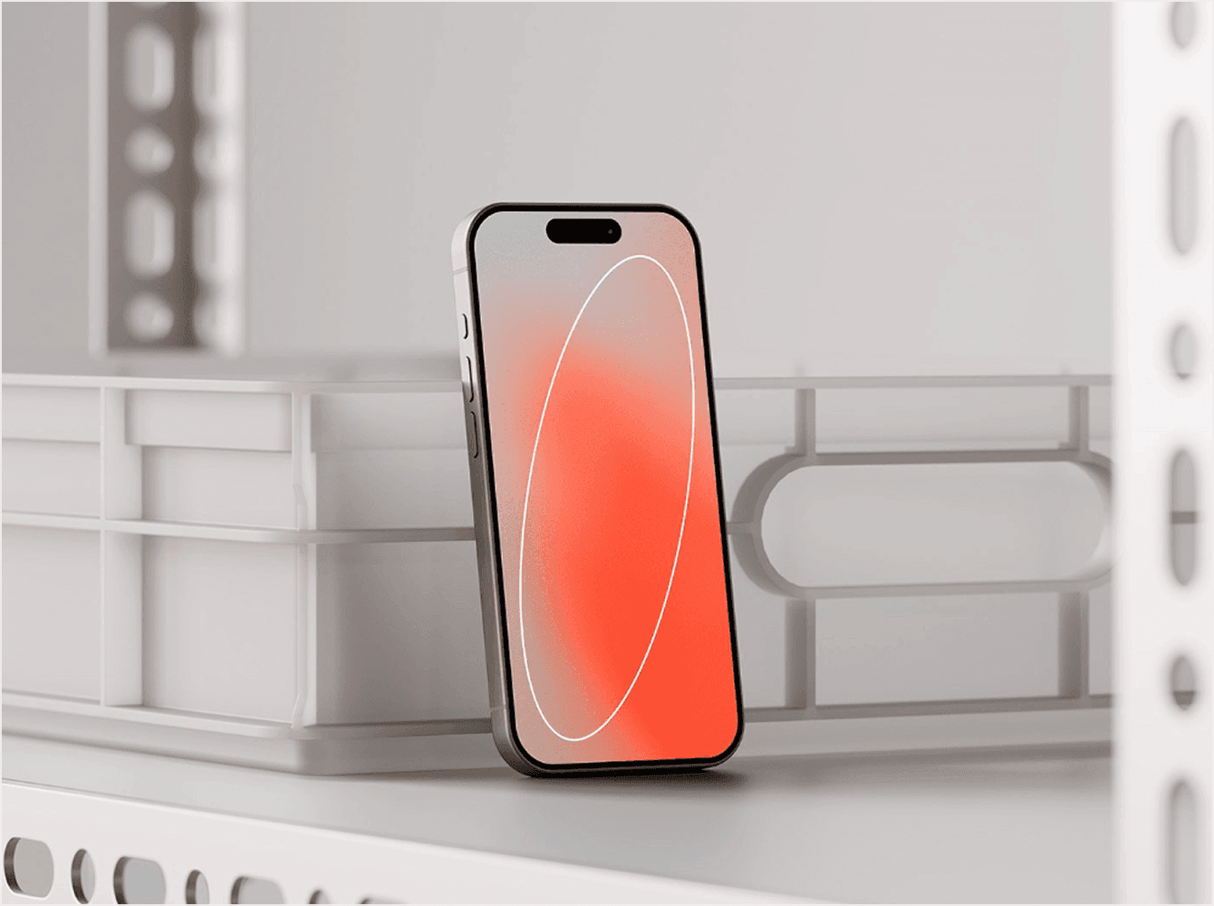 iPhone mockup with red gradient screen standing against plastic storage crate on white metal shelf
