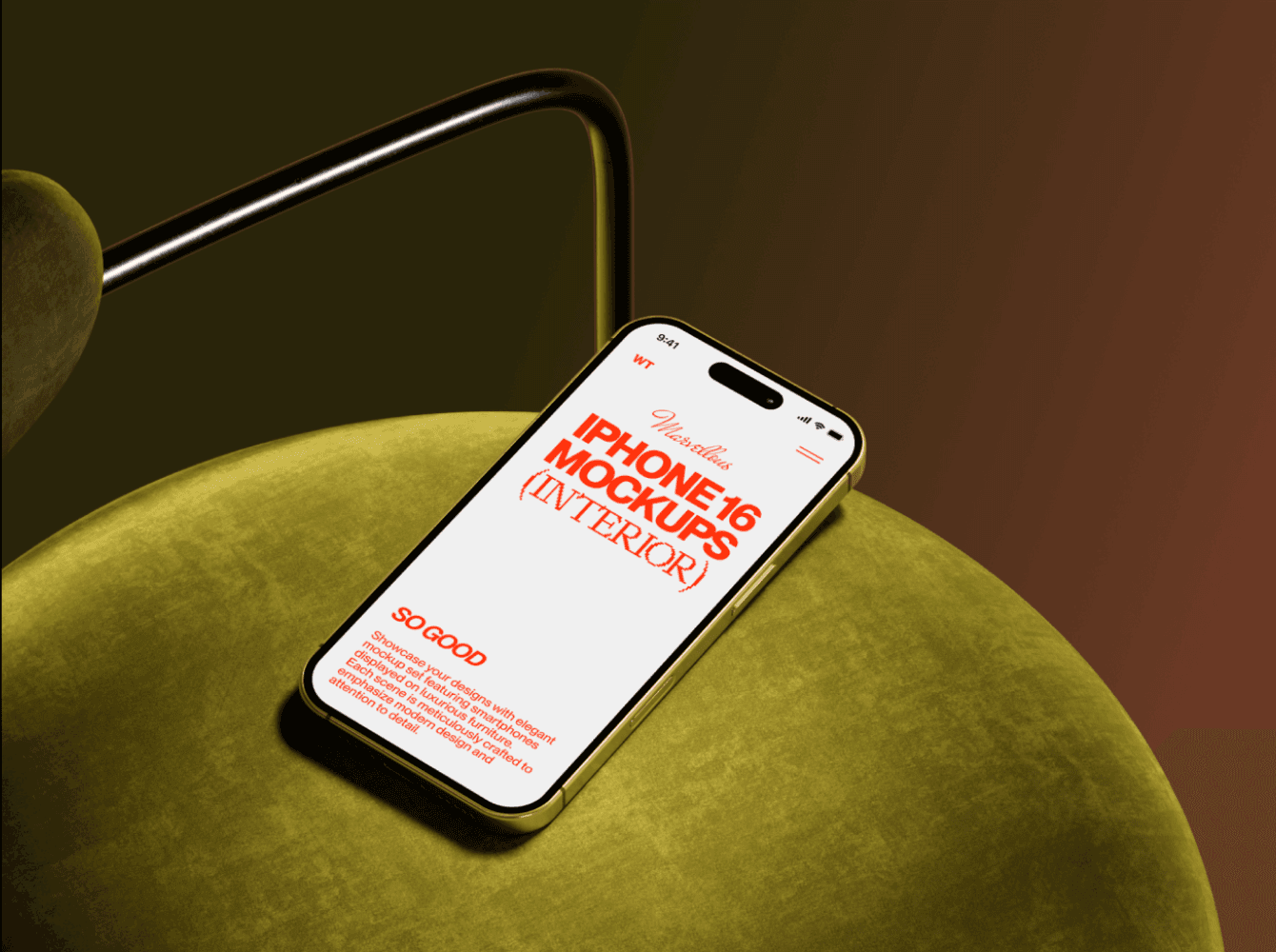 iPhone 16 mockup on green curved chair — part of the Wannathis interior mockup series.