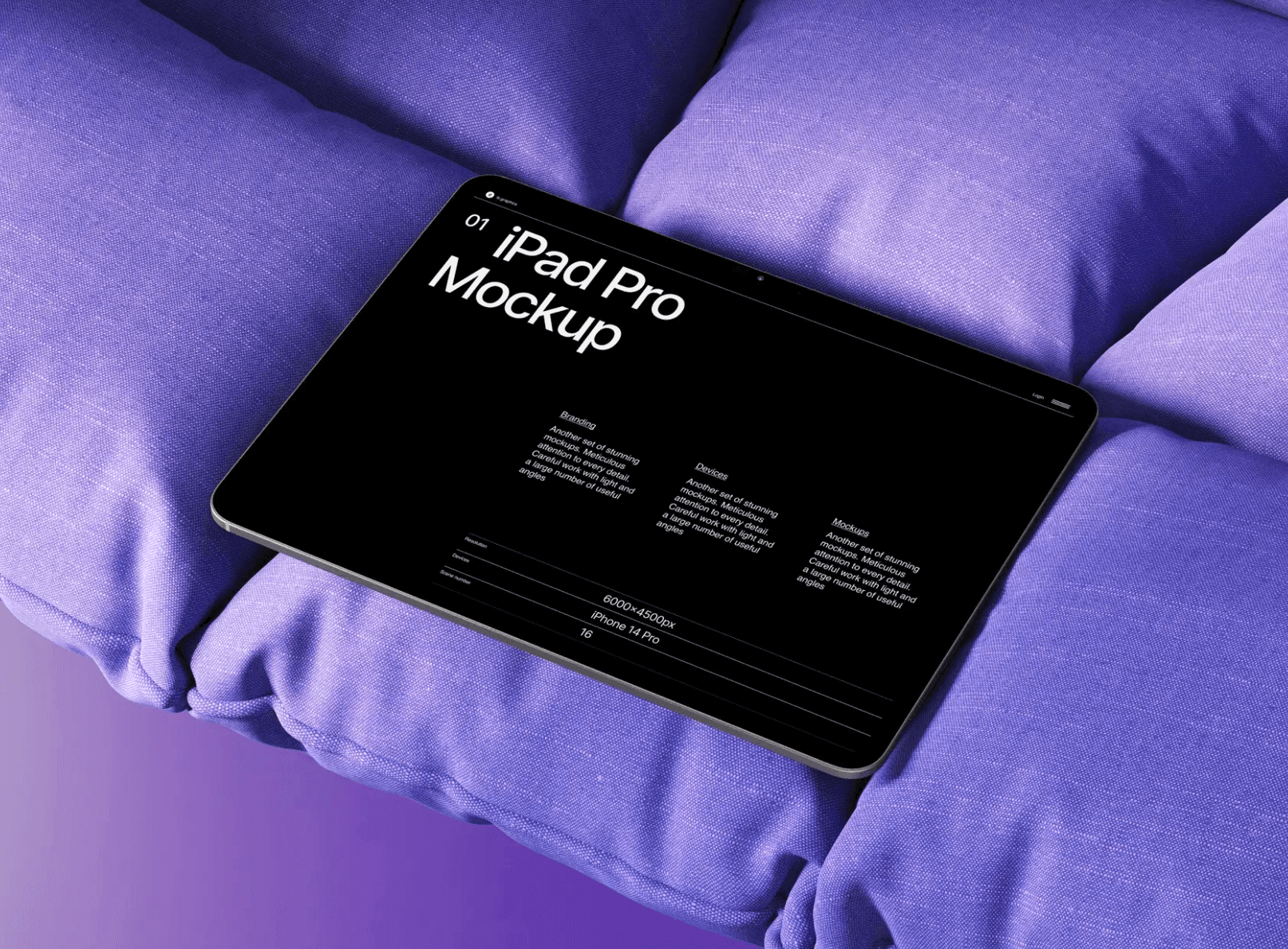 iPad Pro mockup on violet fabric cushions — realistic textile texture.