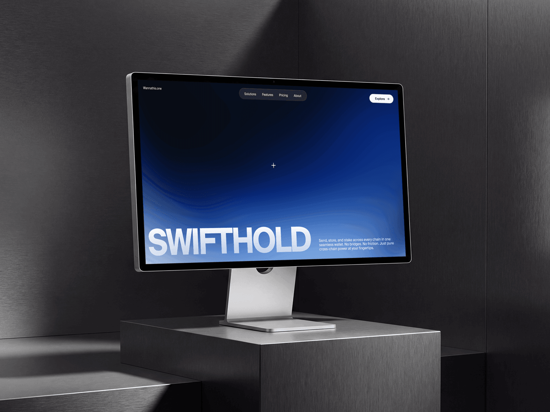 Apple Studio Display placed on a pedestal stand in a studio setup