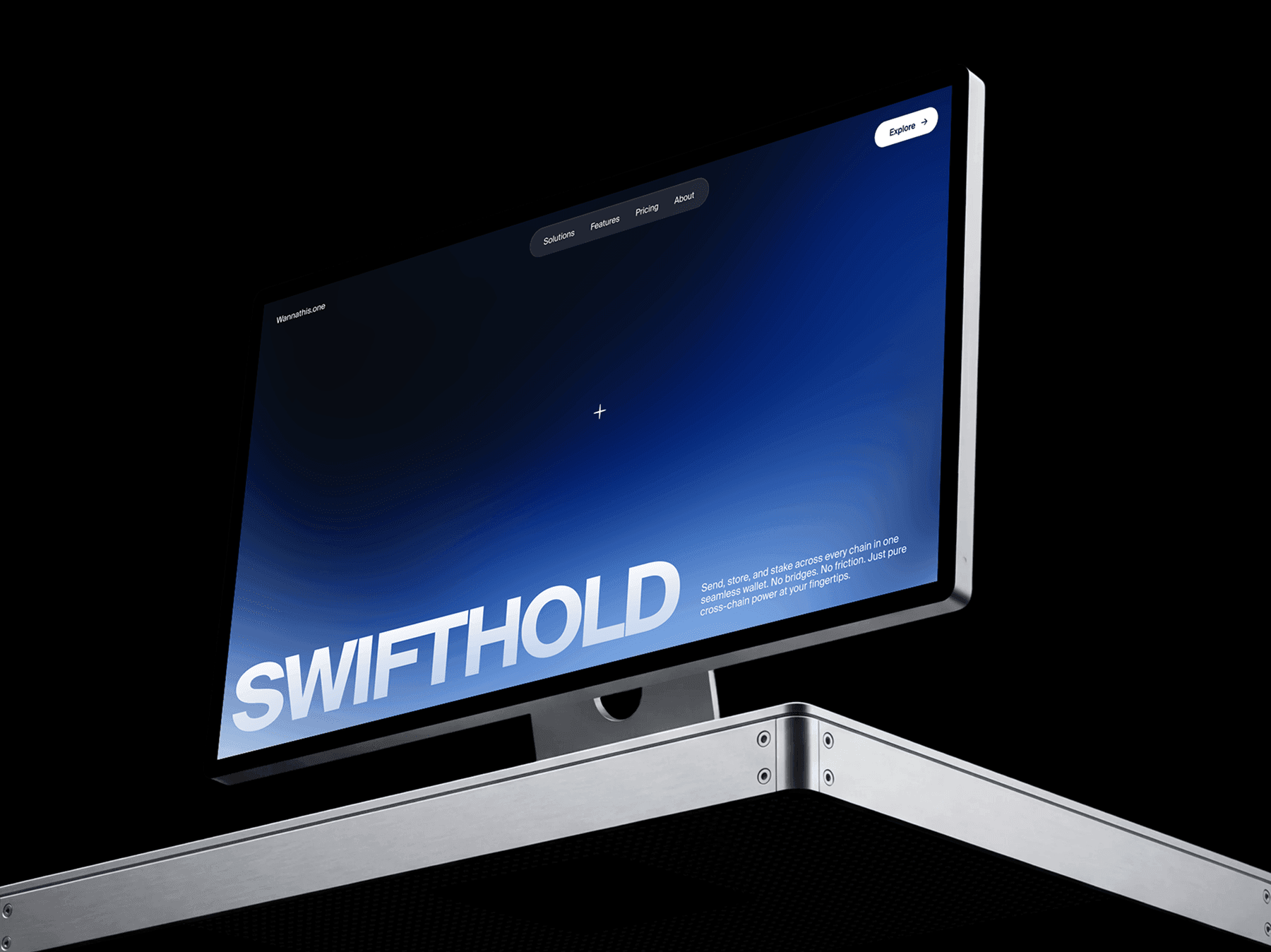 Apple Studio Display placed on a corner metal platform in a dark setup