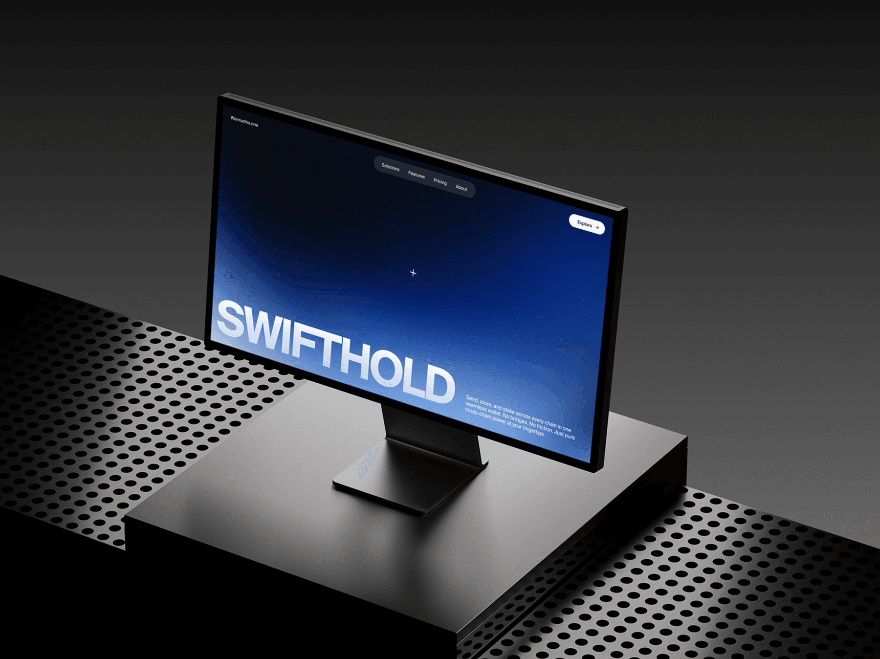 Apple Studio Display on a raised platform with a modern stand
