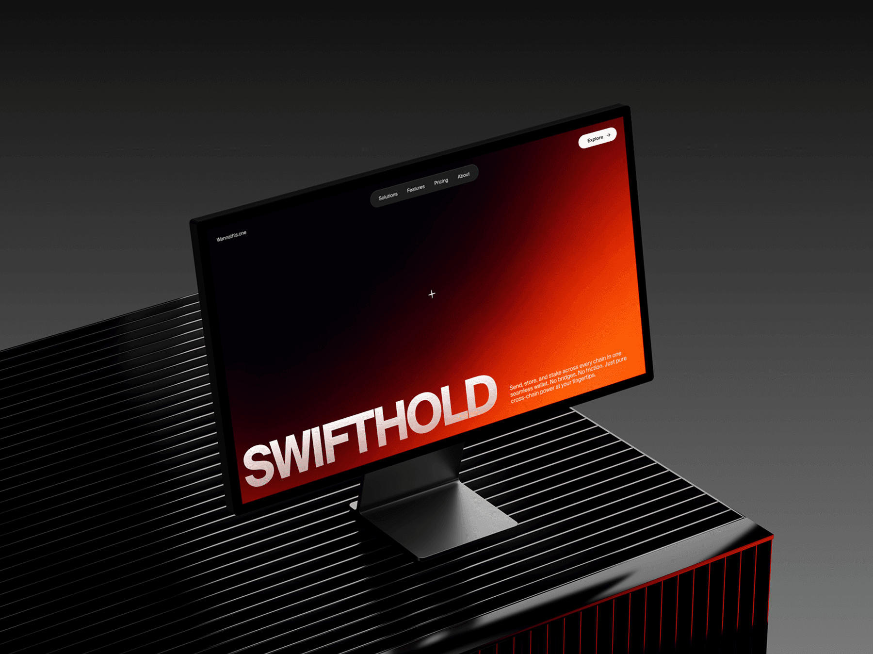 Apple Studio Display placed on a ribbed surface in a studio scene