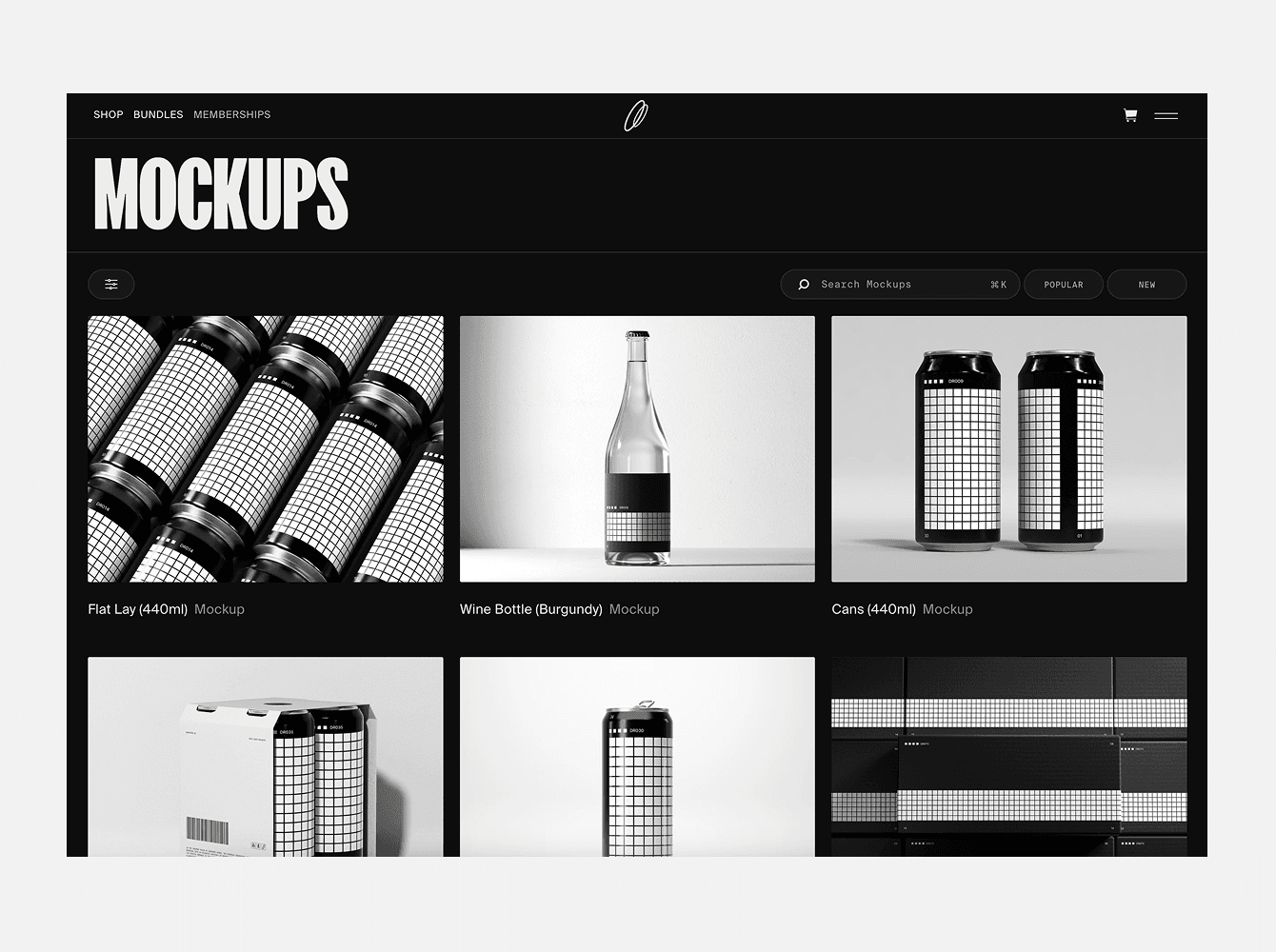 Minimal black-and-white mockup storefront showing packaging and bottle previews, highlighting clean product presentation similar to modern mockup platforms
