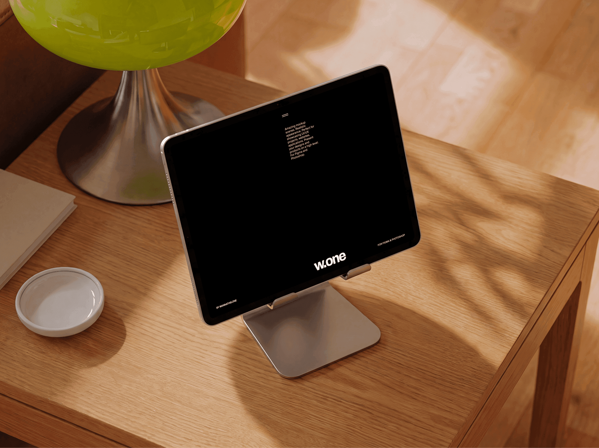 iPad mockup on a refined stand placed on a wooden side table in a soft daylight interior scene