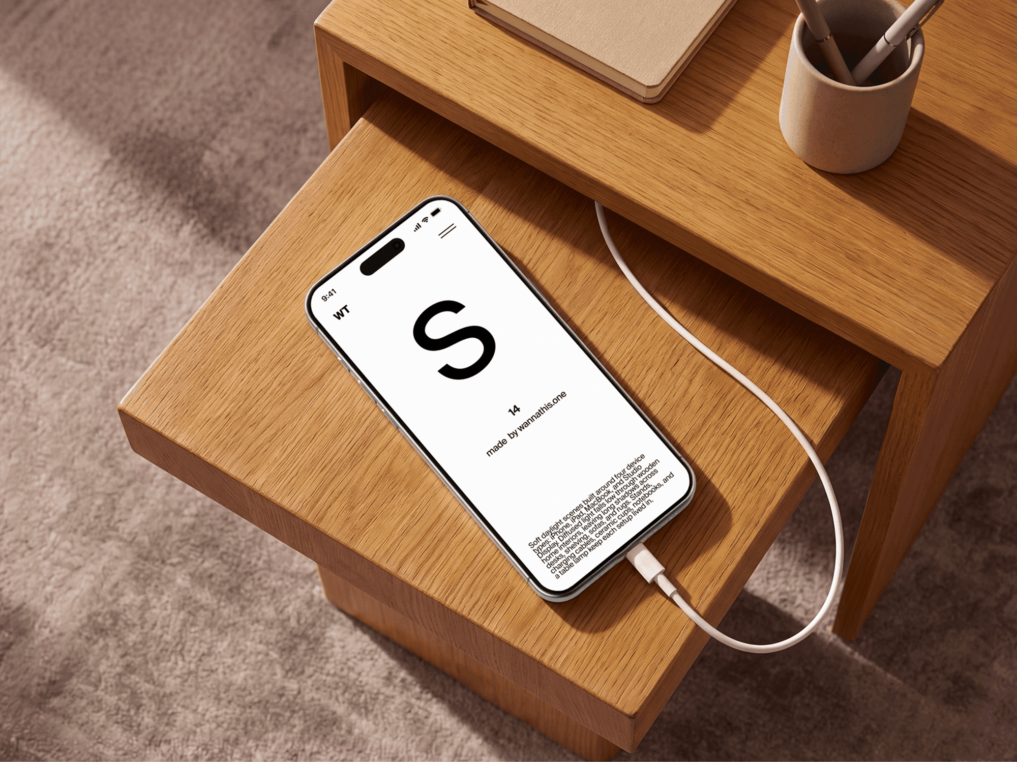 iPhone mockup on an open refined wooden drawer while charging in a soft daylight interior scene