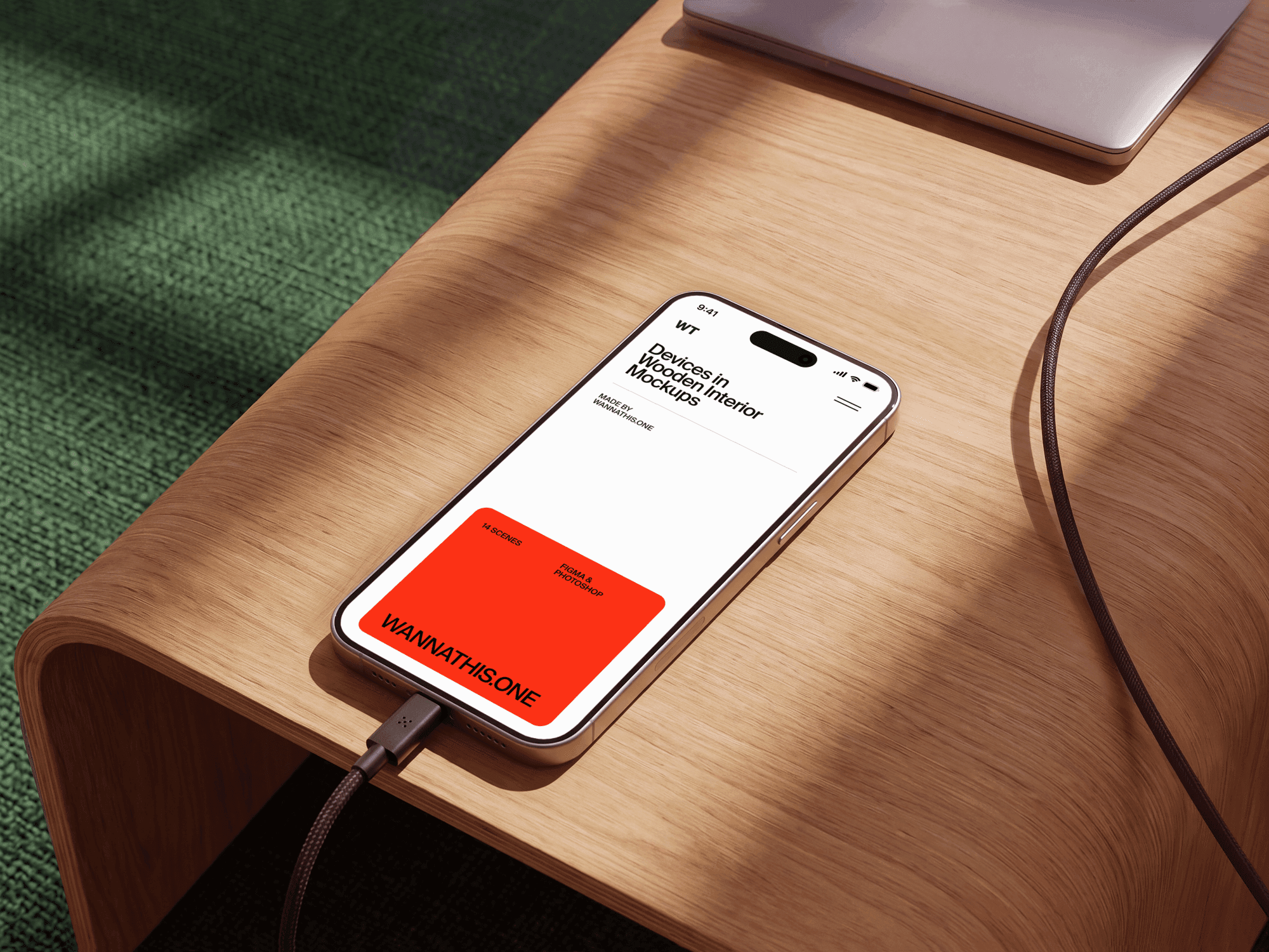 iPhone mockup on a sliding wooden shelf with a charging cable in a soft daylight interior scene