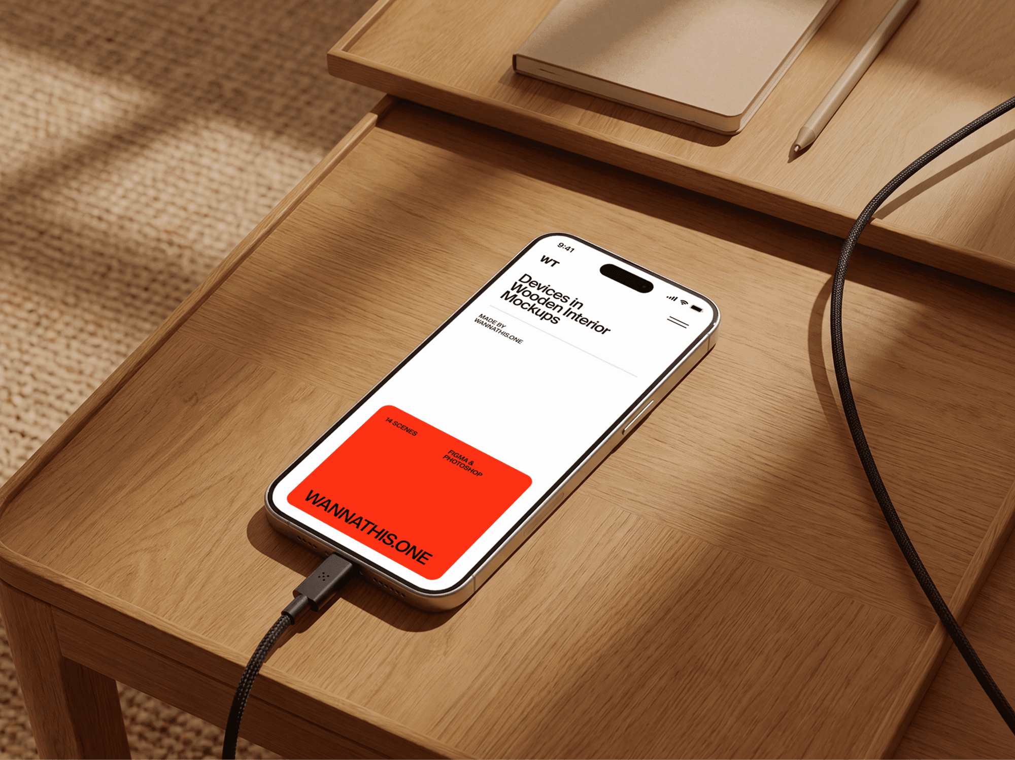 iPhone mockup on a sliding wooden shelf with a charging cable in a soft daylight interior scene