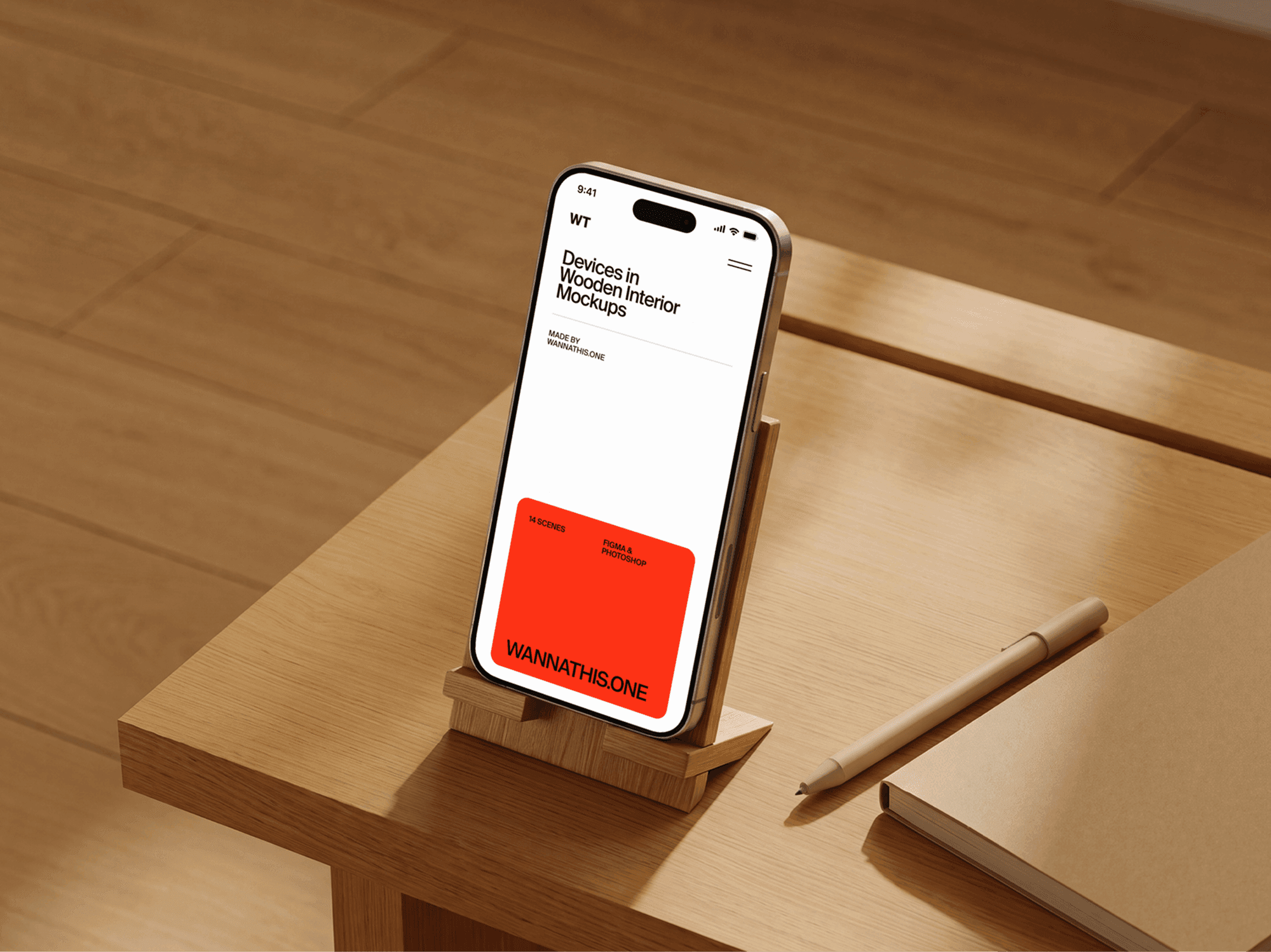 iPhone mockup on a refined wooden stand on a modern desk in a soft daylight interior scene