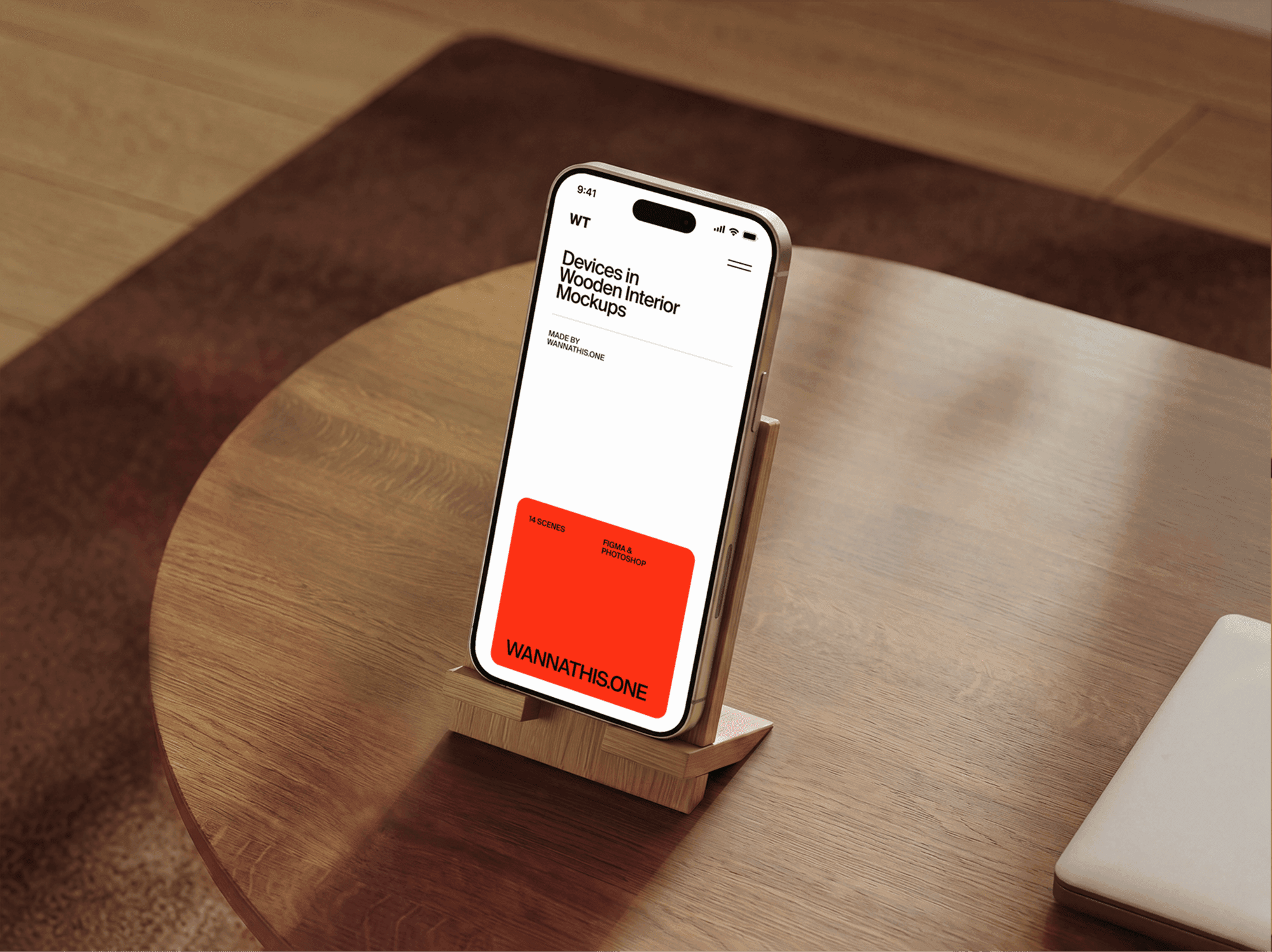 iPhone mockup on a refined wooden stand on a modern desk in a soft daylight interior scene