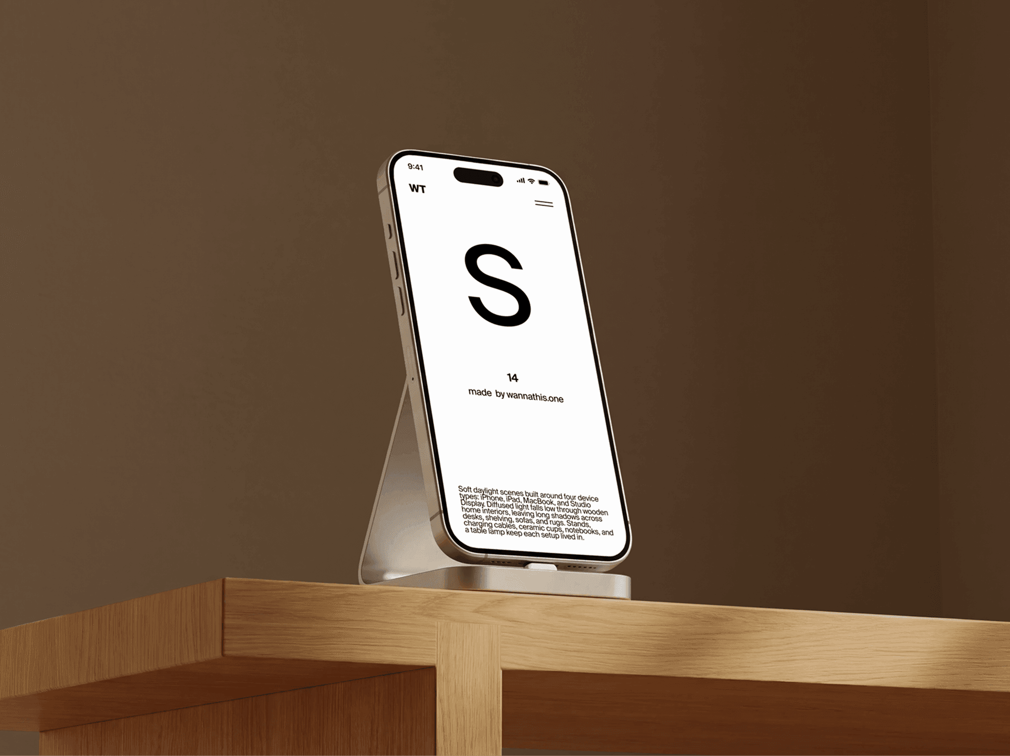iPhone mockup on a refined metal stand above a wooden shelf in a soft daylight interior scene