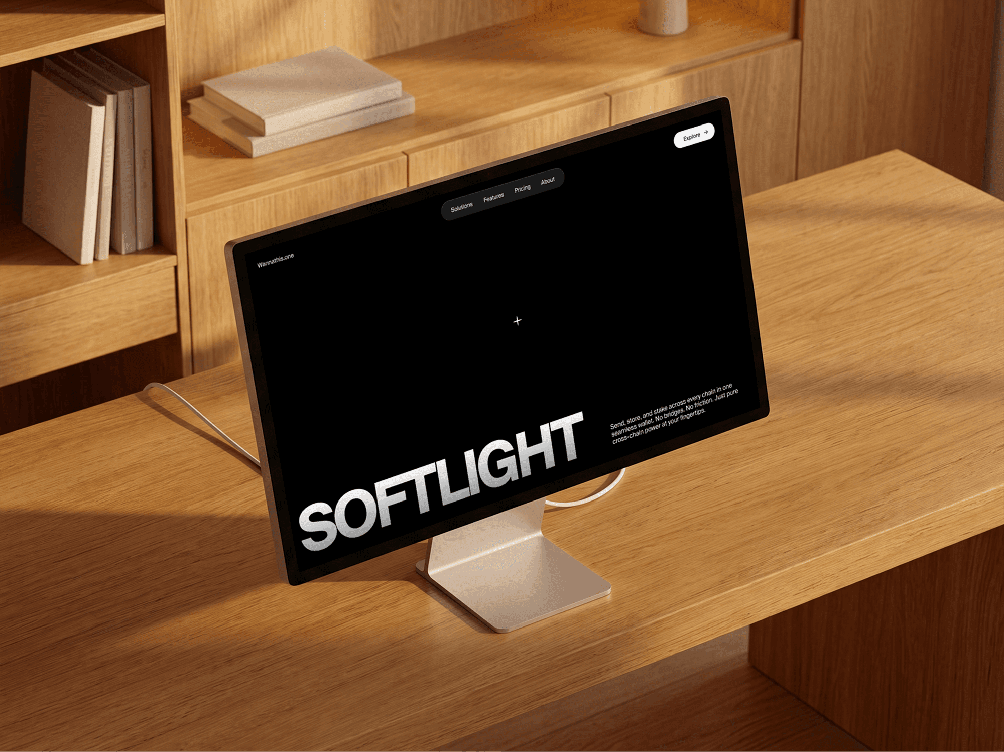 Desktop monitor mockup on a modern wooden desk in a refined bright workspace with soft daylight