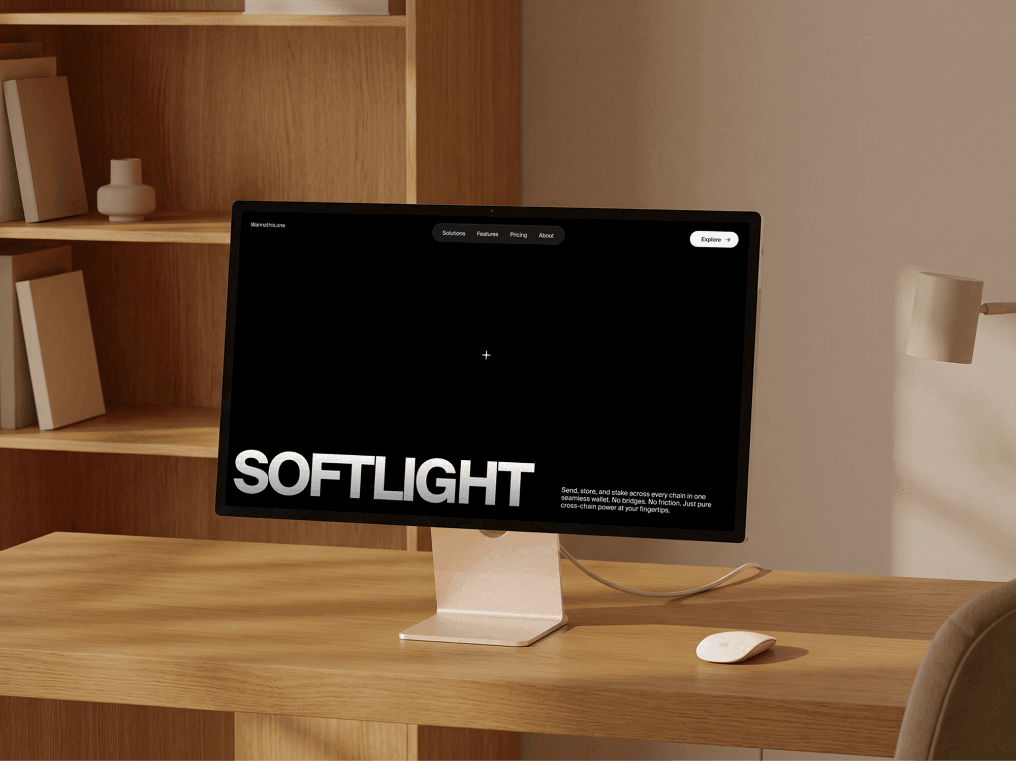 Desktop monitor mockup on a wooden desk in a refined home office with soft daylight interior scene