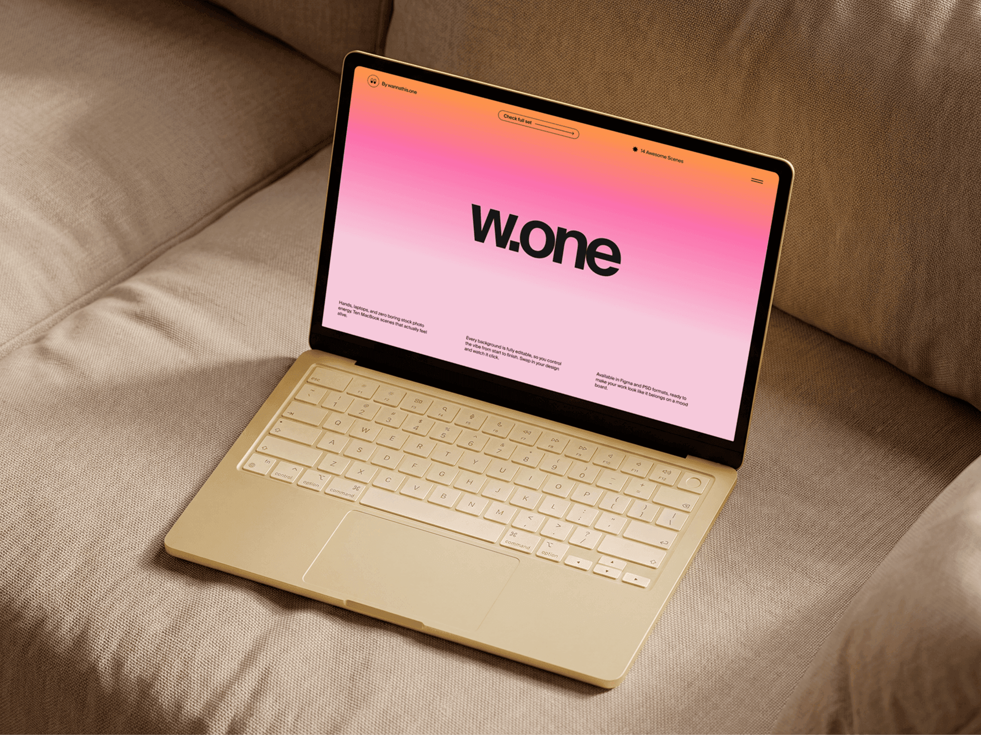 MacBook mockup on a cozy soft sofa in warm soft daylight in a refined interior lifestyle scene