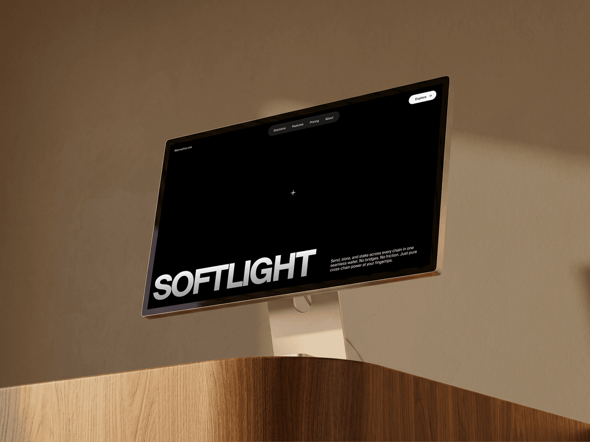 Desktop monitor mockup on a refined curved wooden cabinet with soft daylight in an elegant interior