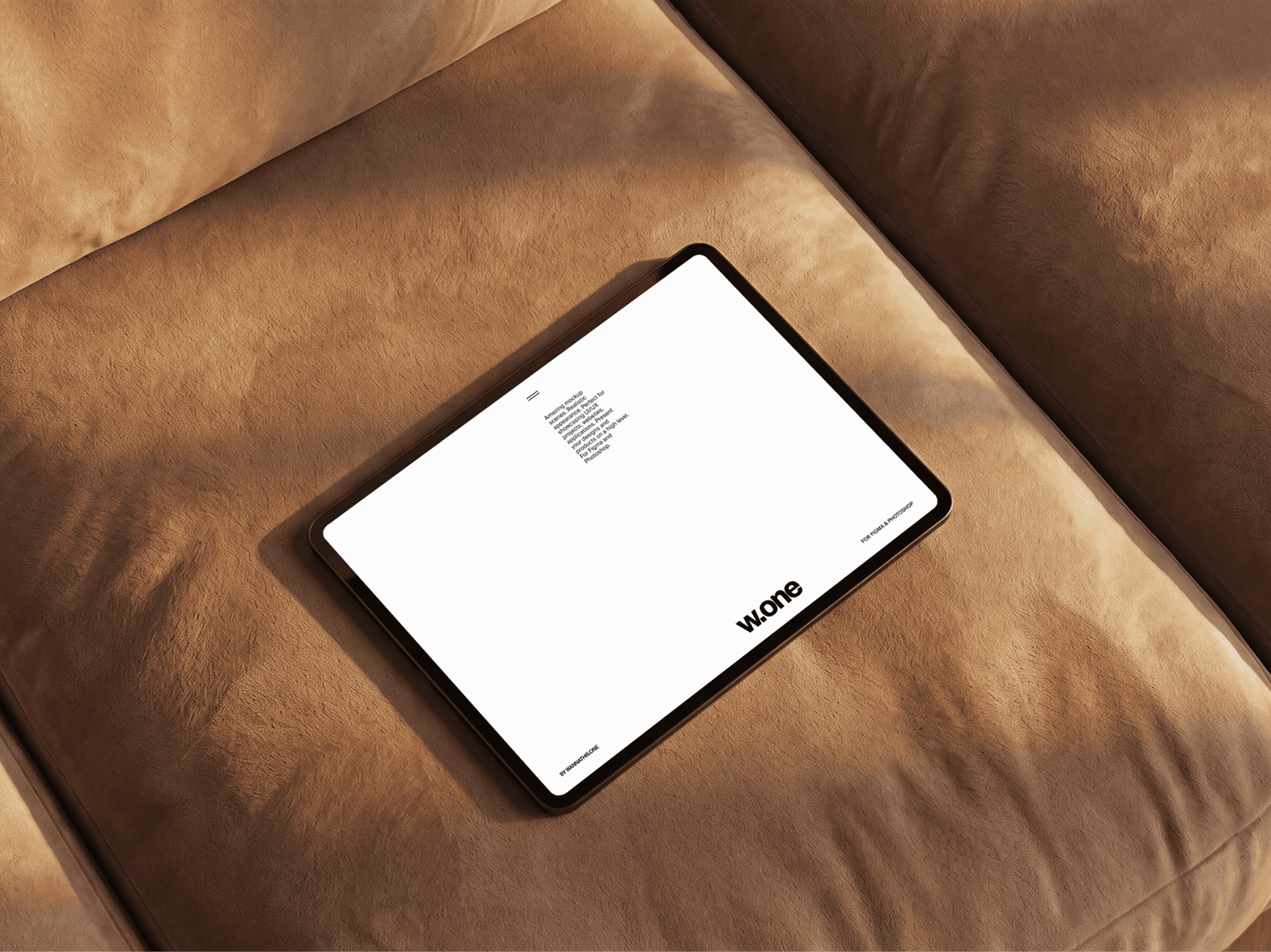 iPad mockup on a refined leather sofa in warm soft daylight in a refined interior lifestyle scene
