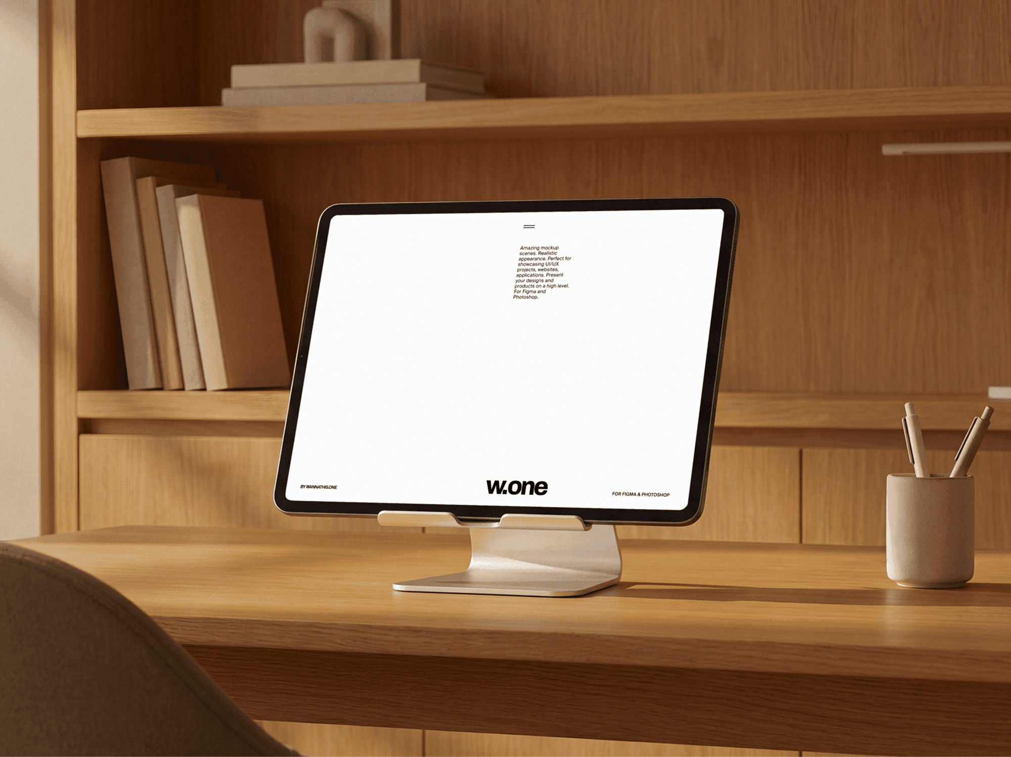 iPad mockup on a refined desk stand in a modern wooden workspace with soft daylight