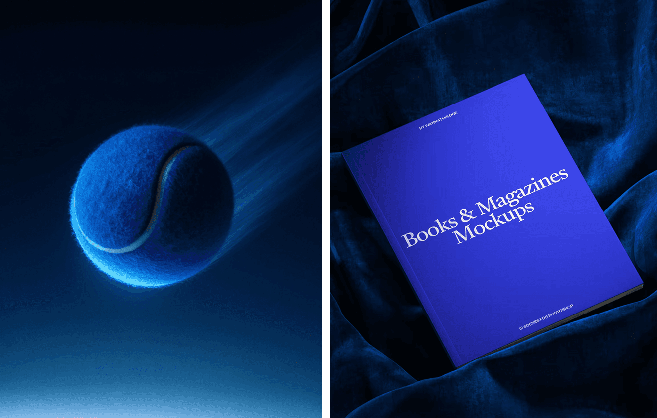 Blue tennis ball in motion and a deep blue book mockup on dark velvet fabric