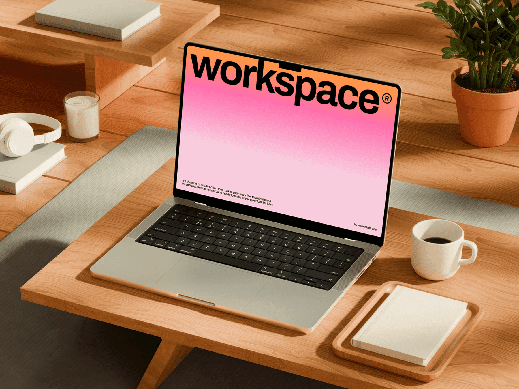 Laptop mockup set on a cozy wooden desk with warm lighting