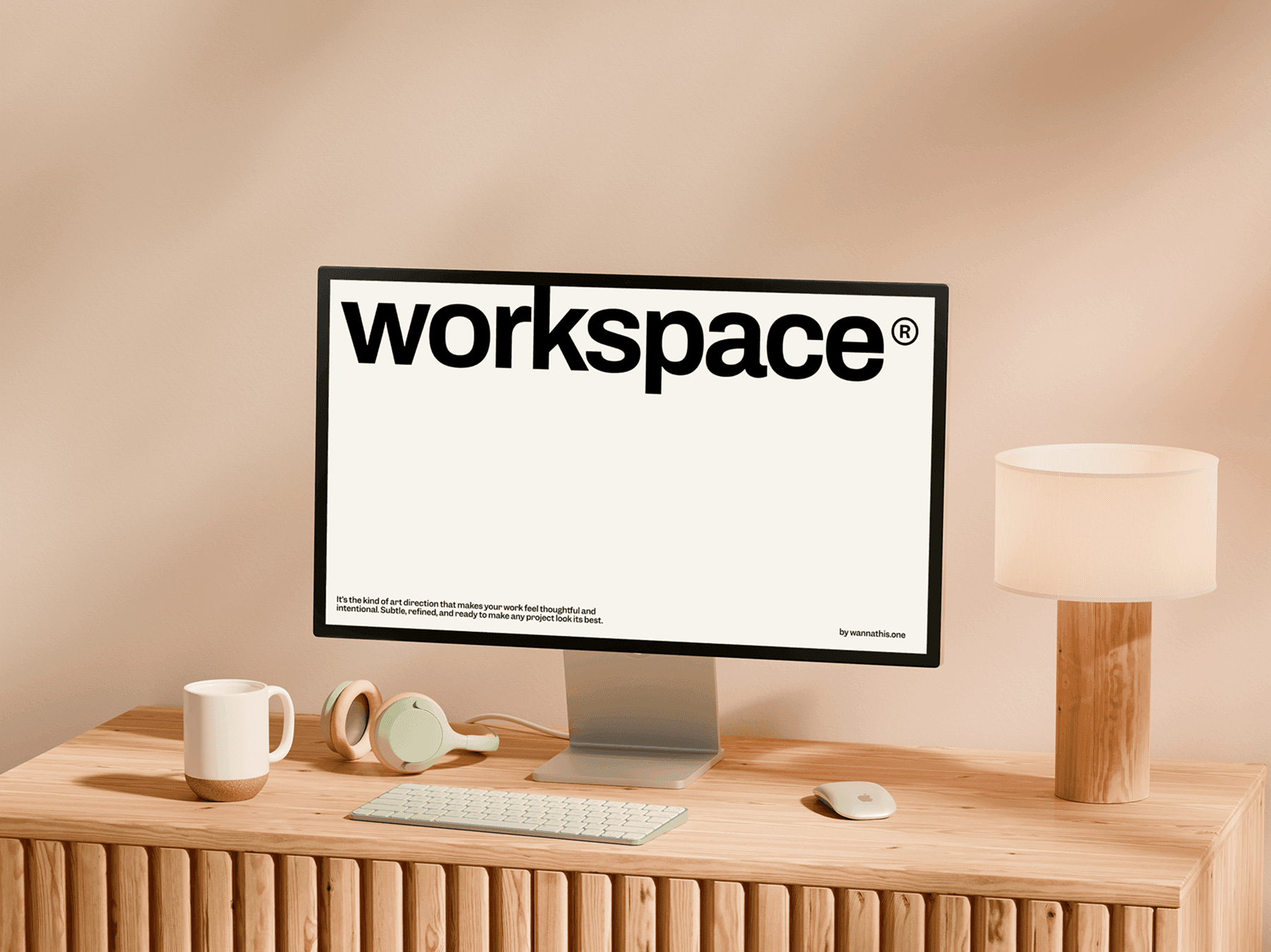 Desktop monitor mockup on a minimal wooden desk setup