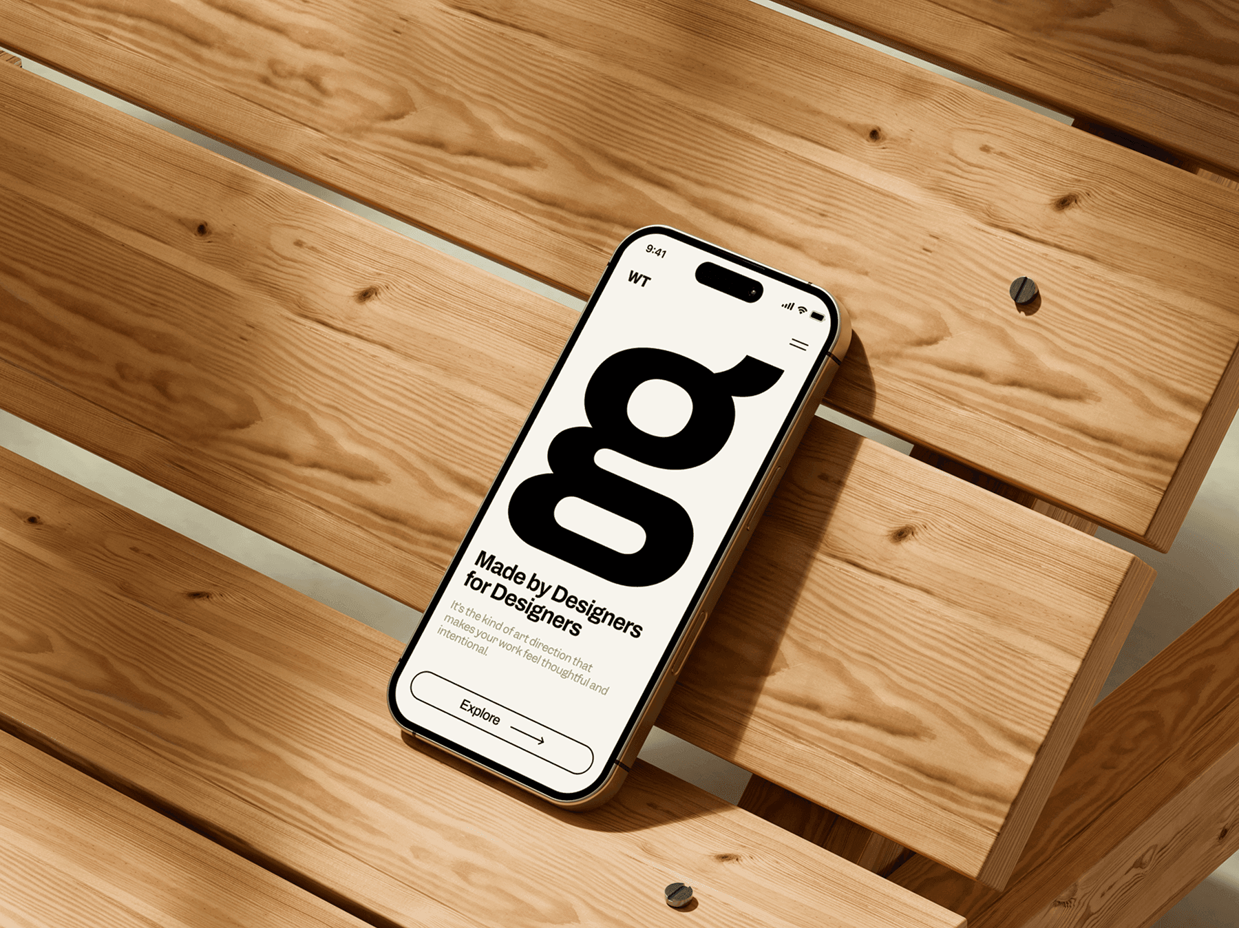 iPhone mockup resting on a wooden bench surface