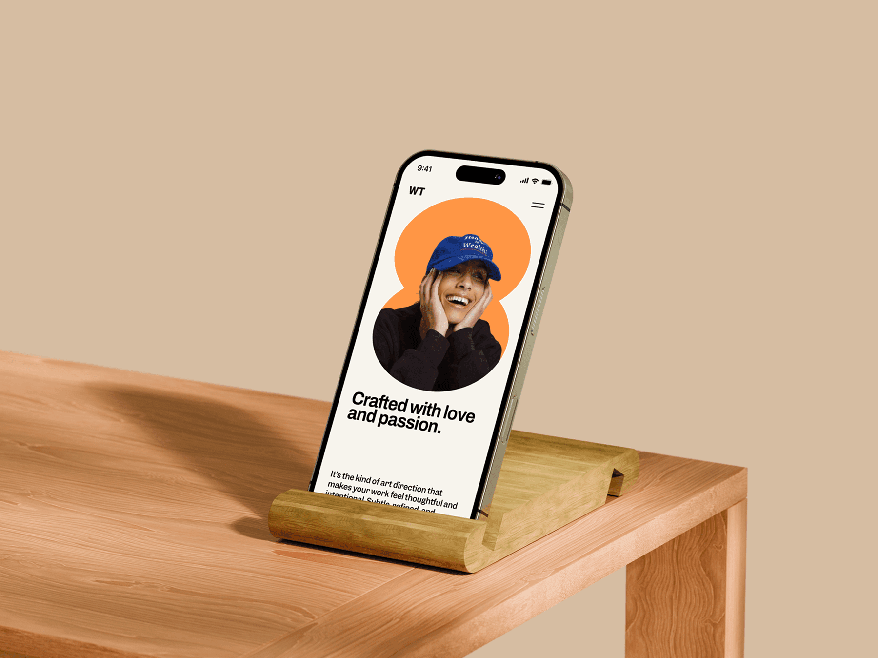 iPhone mockup positioned on a small wooden stand