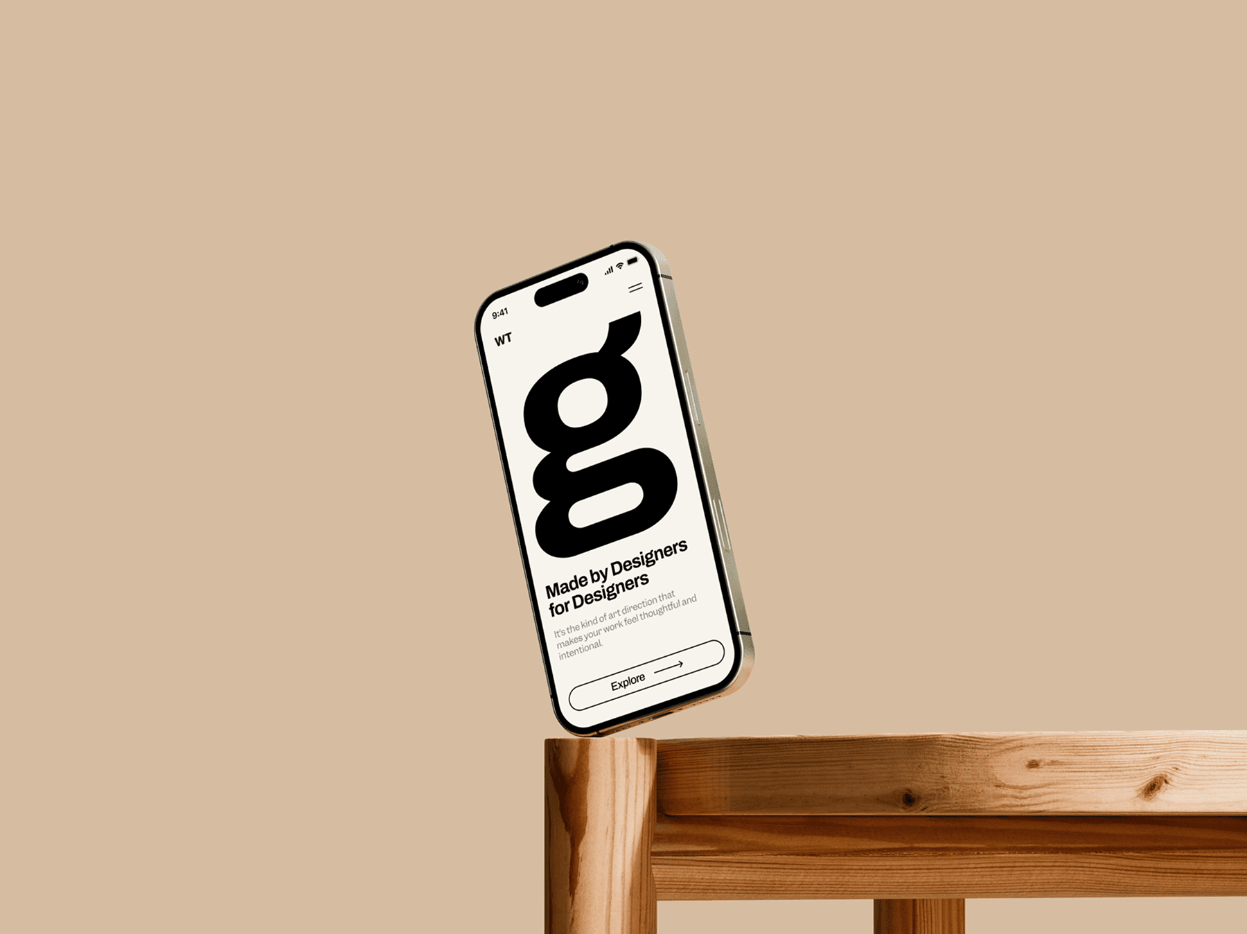 iPhone mockup appearing above a wooden chair frame