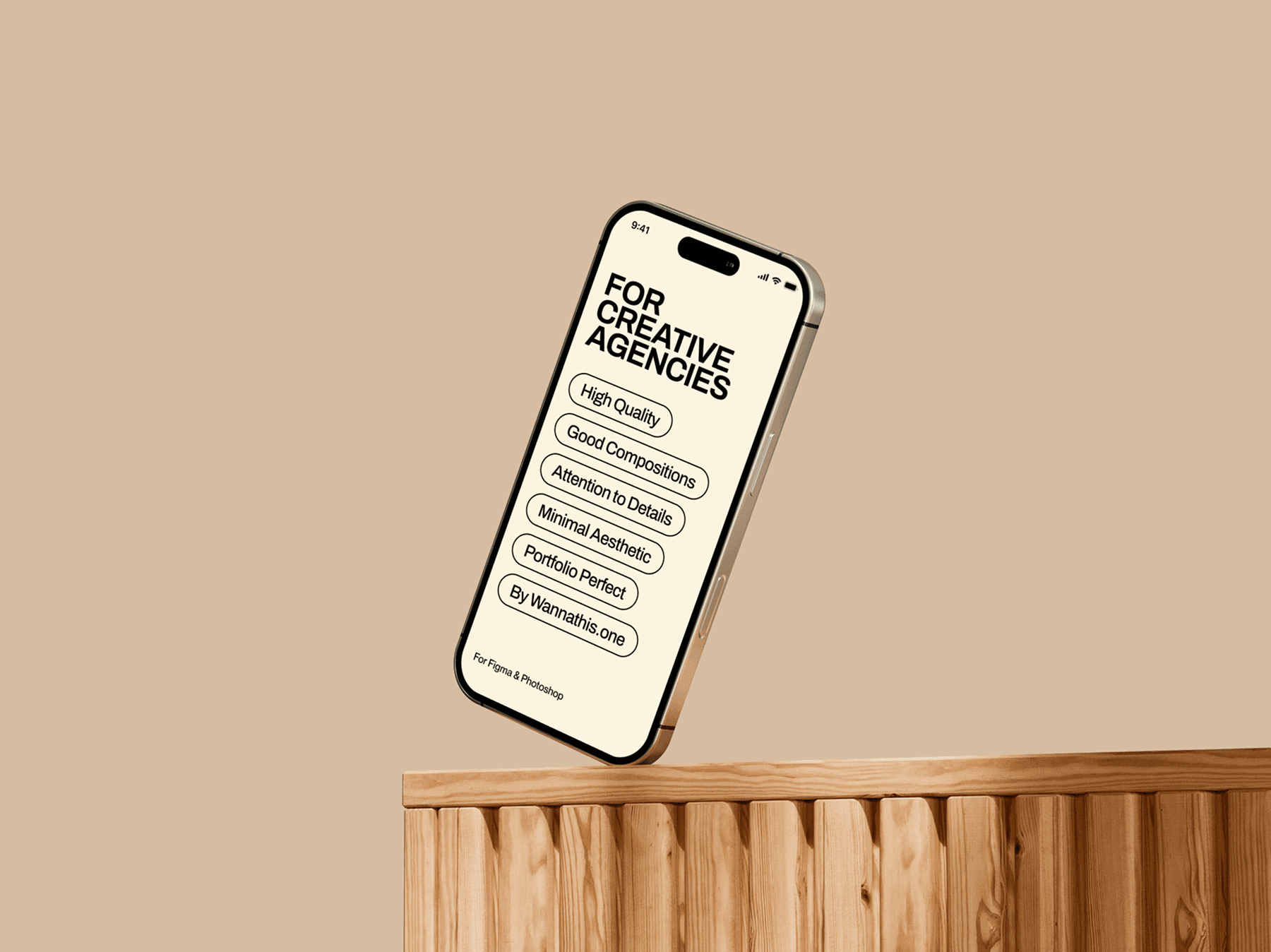 iPhone mockup appearing above a wooden desk surface