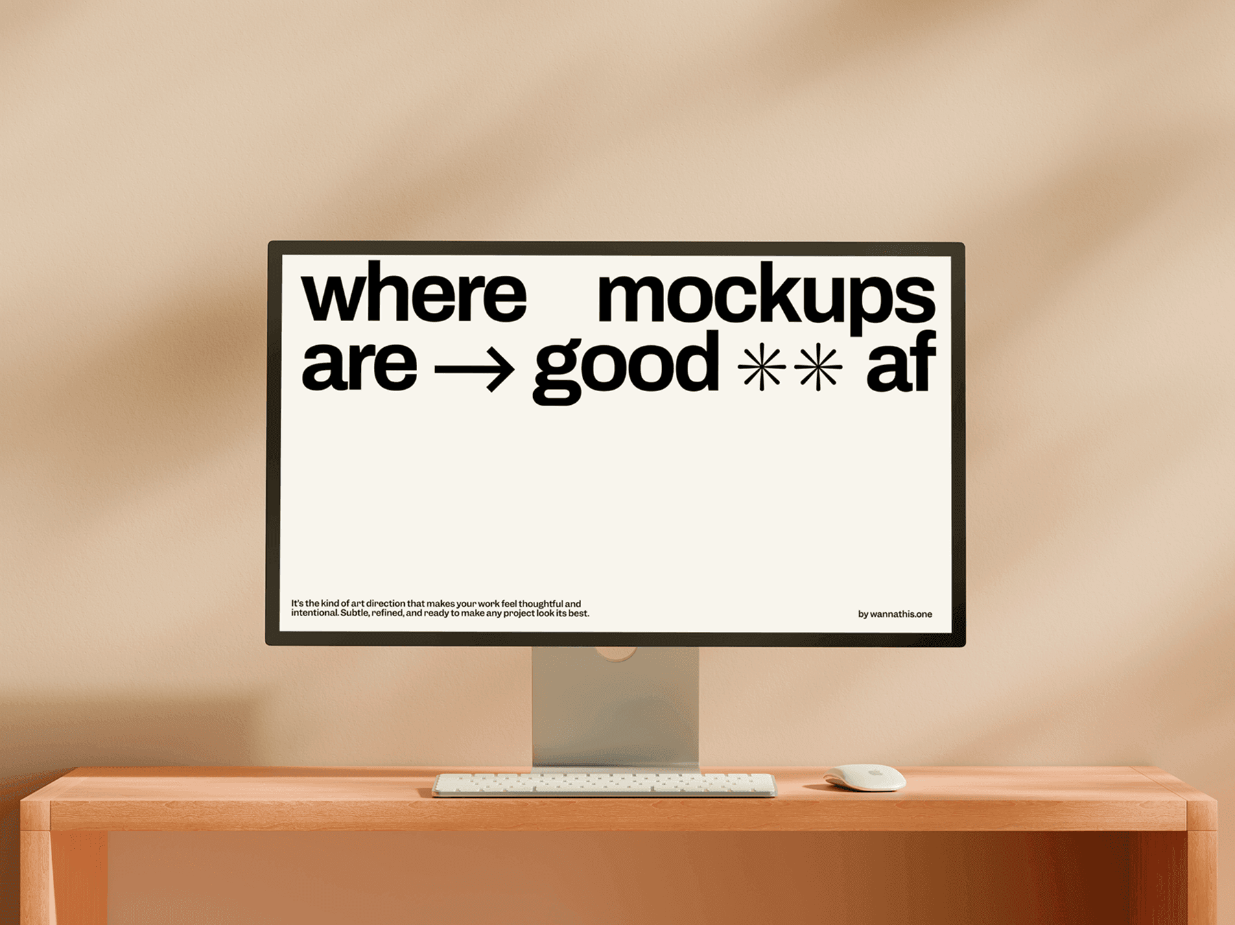 Computer monitor mockup on a simple wooden table setup