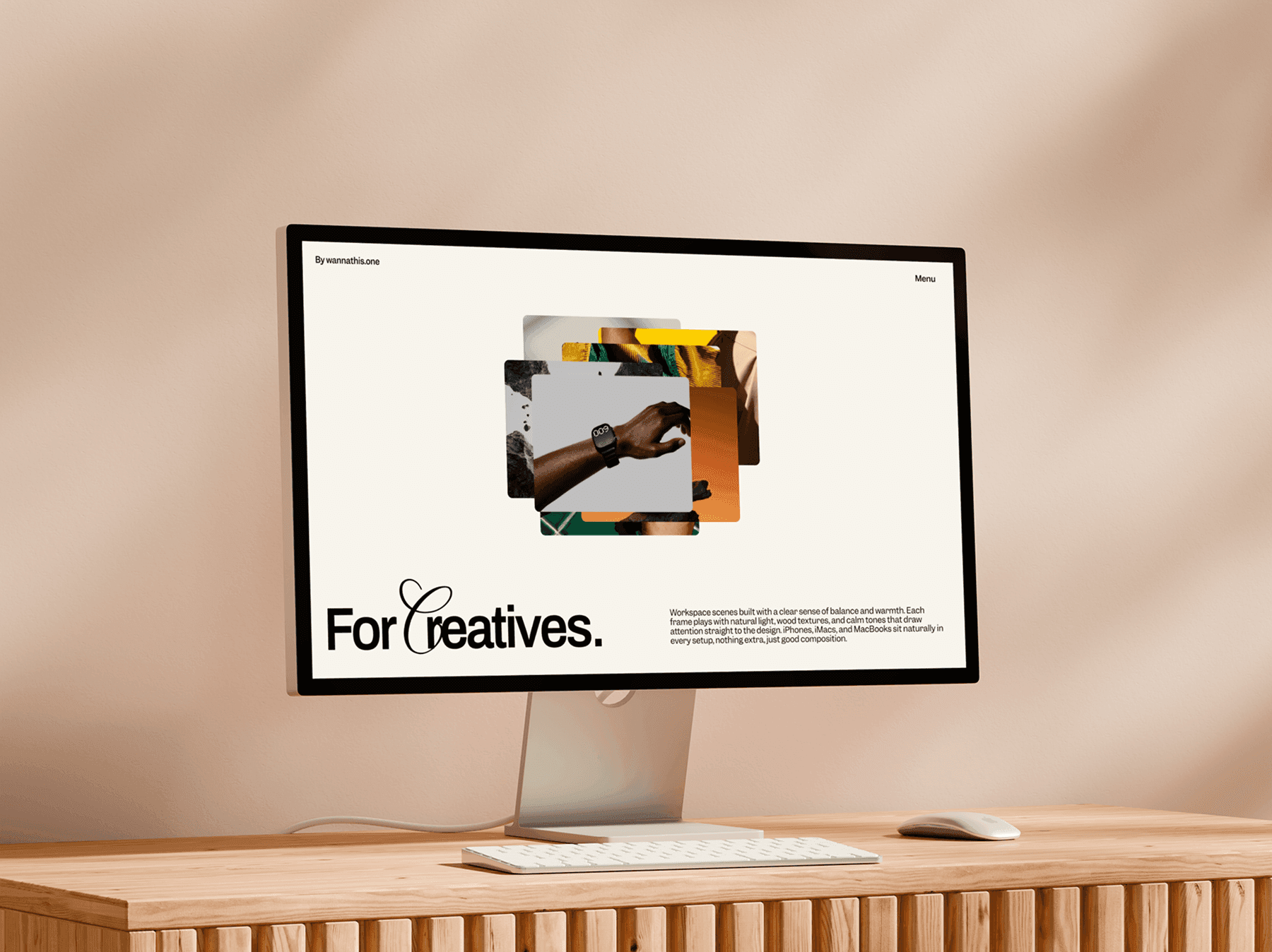 iMac mockup standing on a wooden desk with minimal accessories