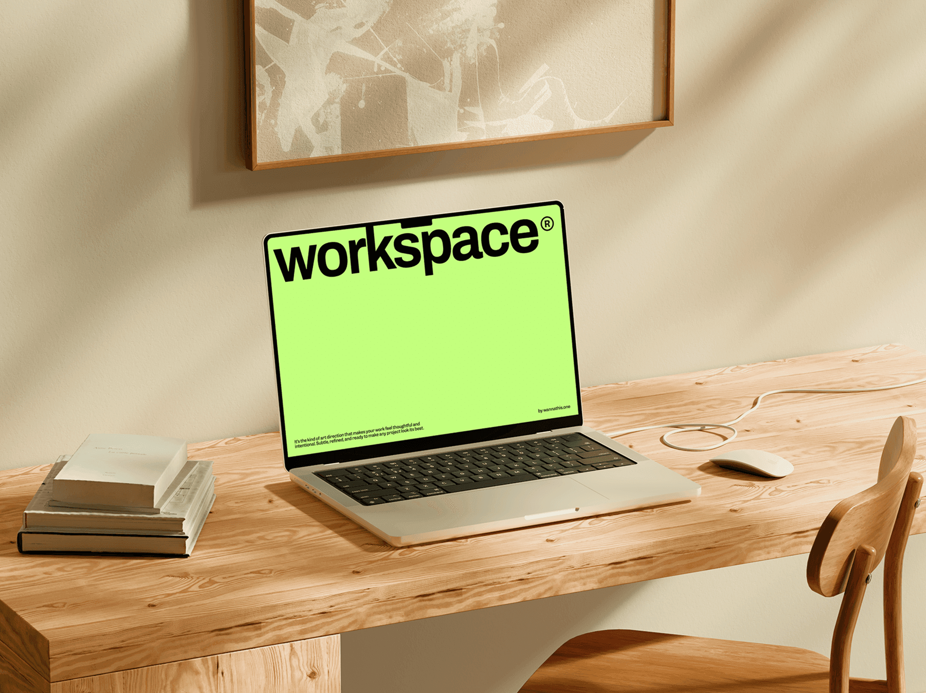 Laptop mockup on a home workspace desk near books and wall art