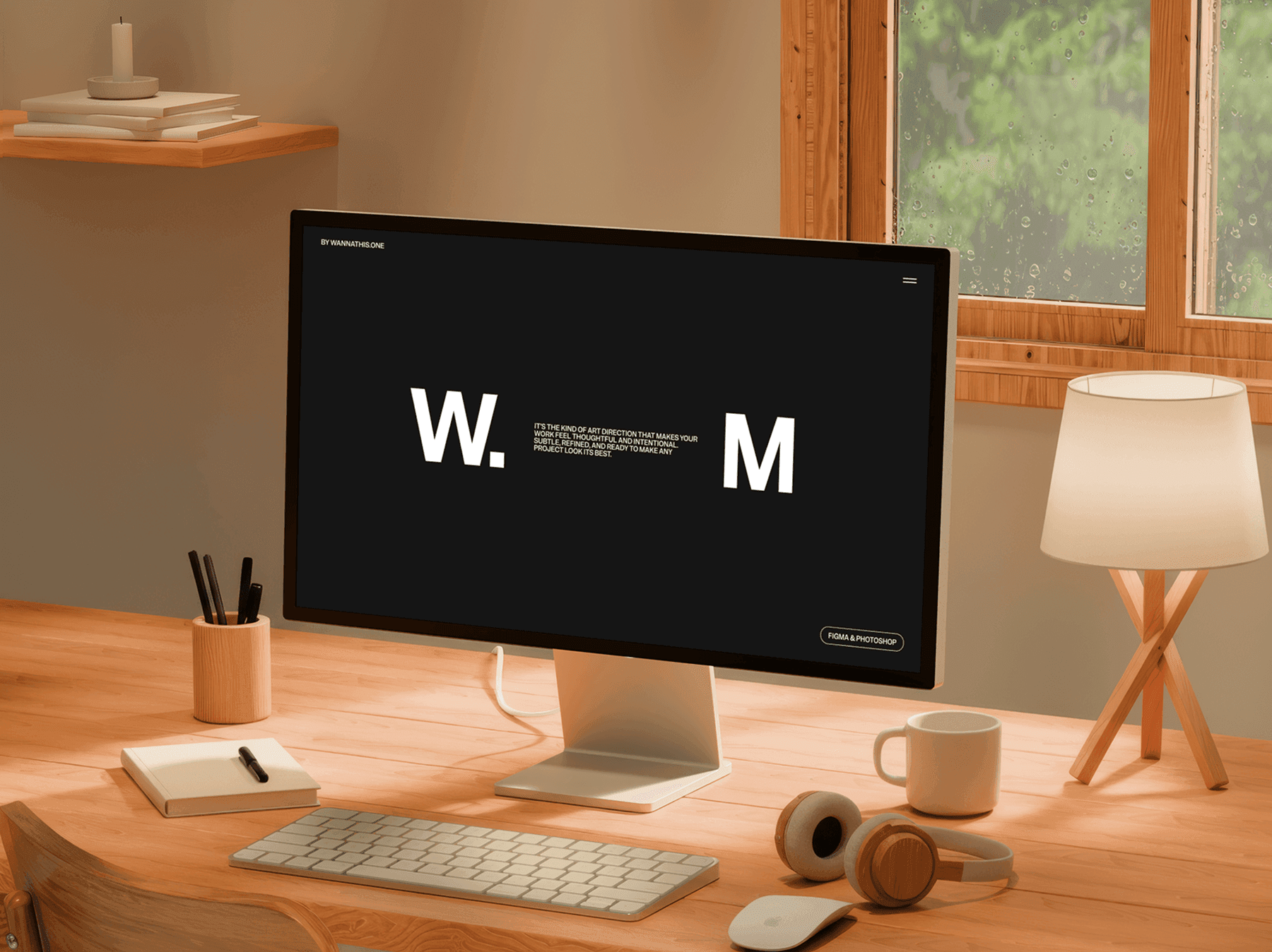 Wide monitor mockup on a wooden desk near a window