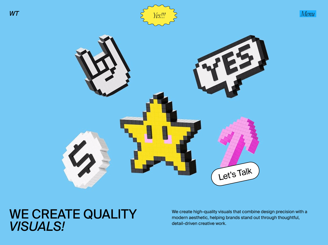 Pixel 3D icons by Wannathis featuring a star, cursor, dollar sign, and speech bubble on a blue background in a digital nostalgia style.