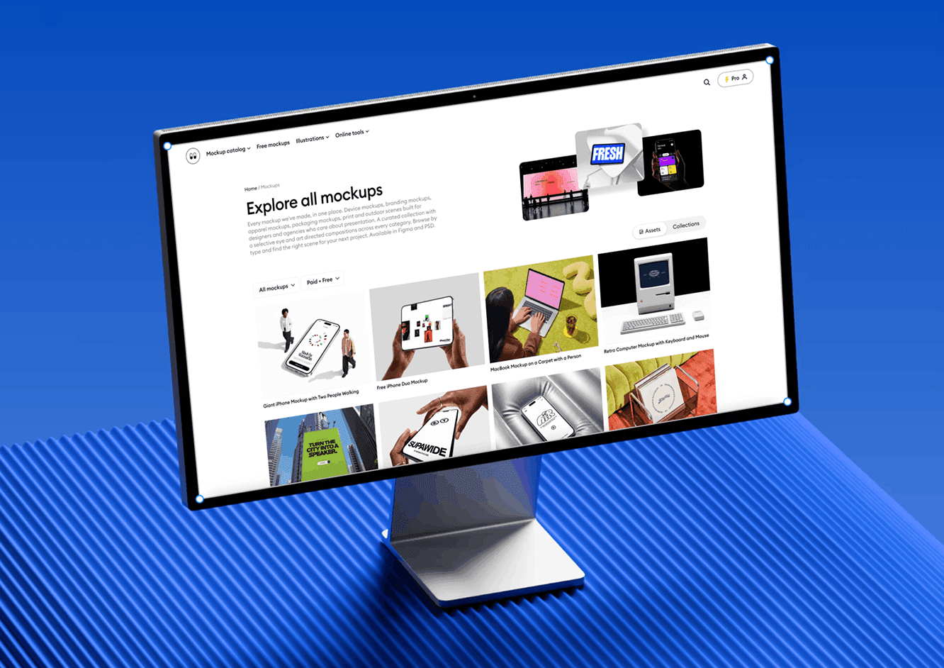 The Explore all mockups catalog open on a Studio Display against blue, showing the mockup library where designers pick a Figma scene to use in their project